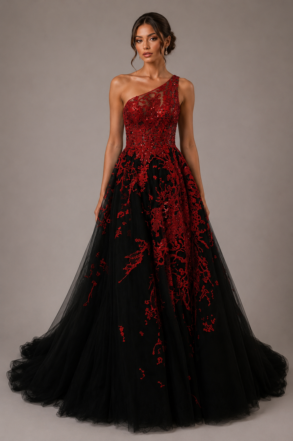 BLACK AND CRIMSON ONE-SHOULDER BALL GOWN