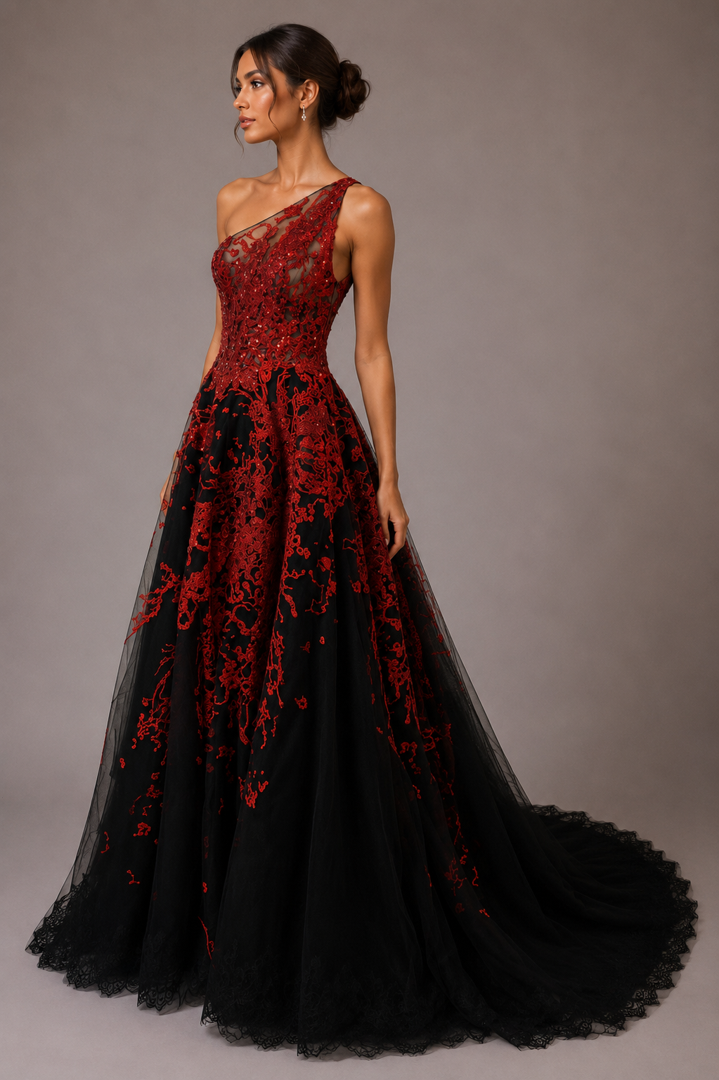 BLACK AND CRIMSON ONE-SHOULDER BALL GOWN