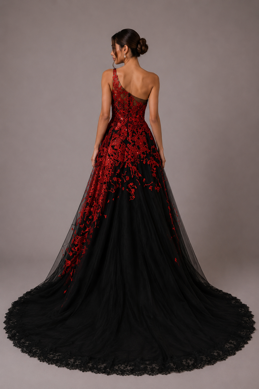 BLACK AND CRIMSON ONE-SHOULDER BALL GOWN