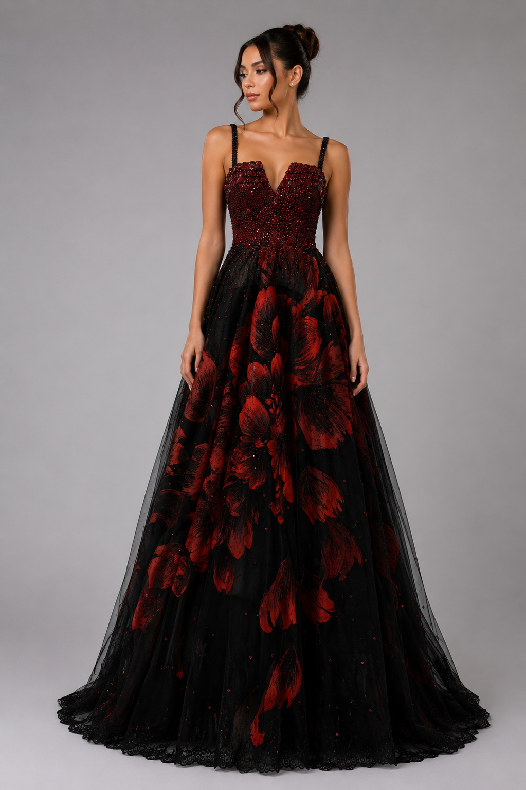 BLACK AND CRIMSON FLORAL BALL GOWN