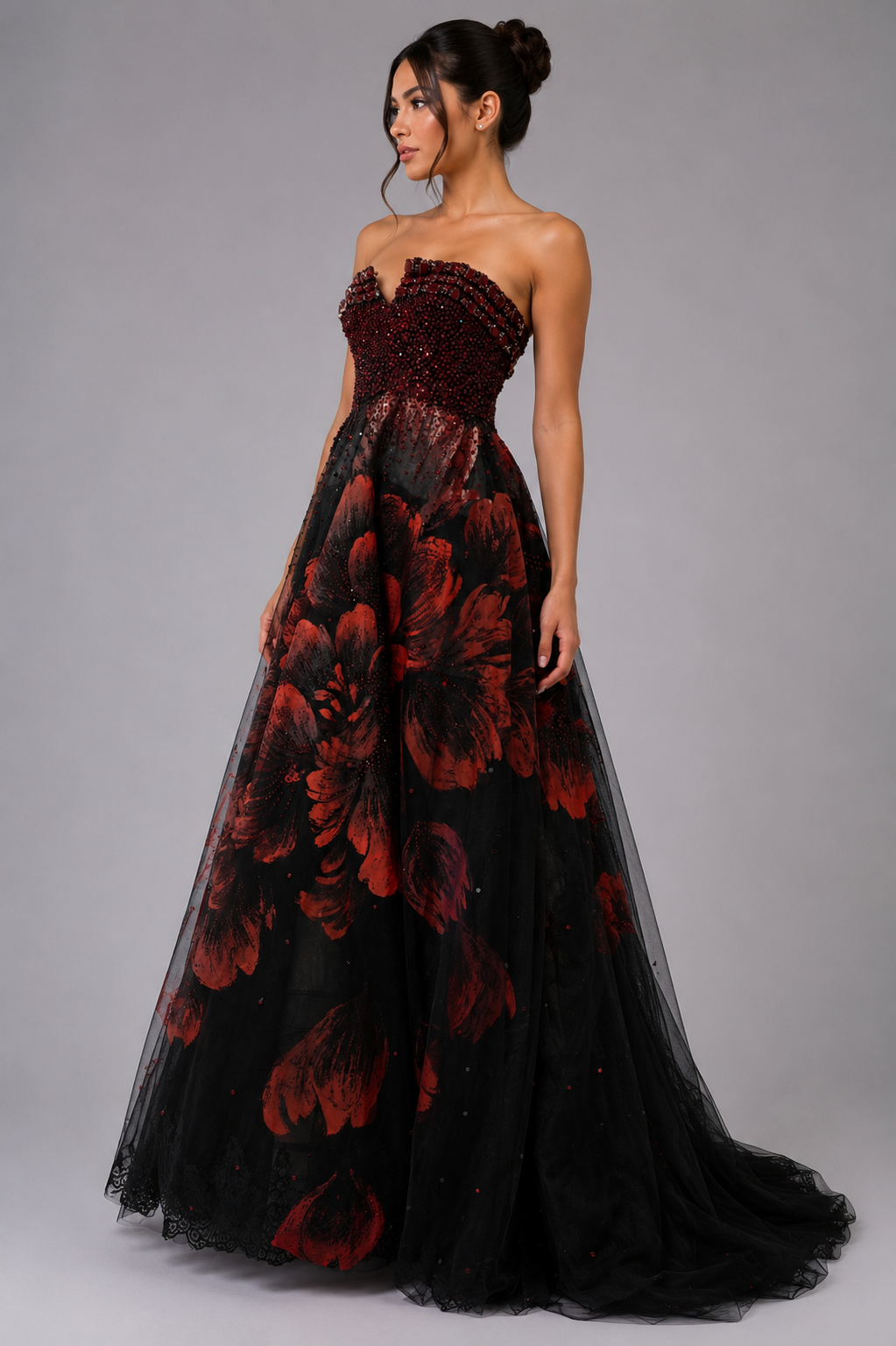 BLACK AND CRIMSON FLORAL BALL GOWN