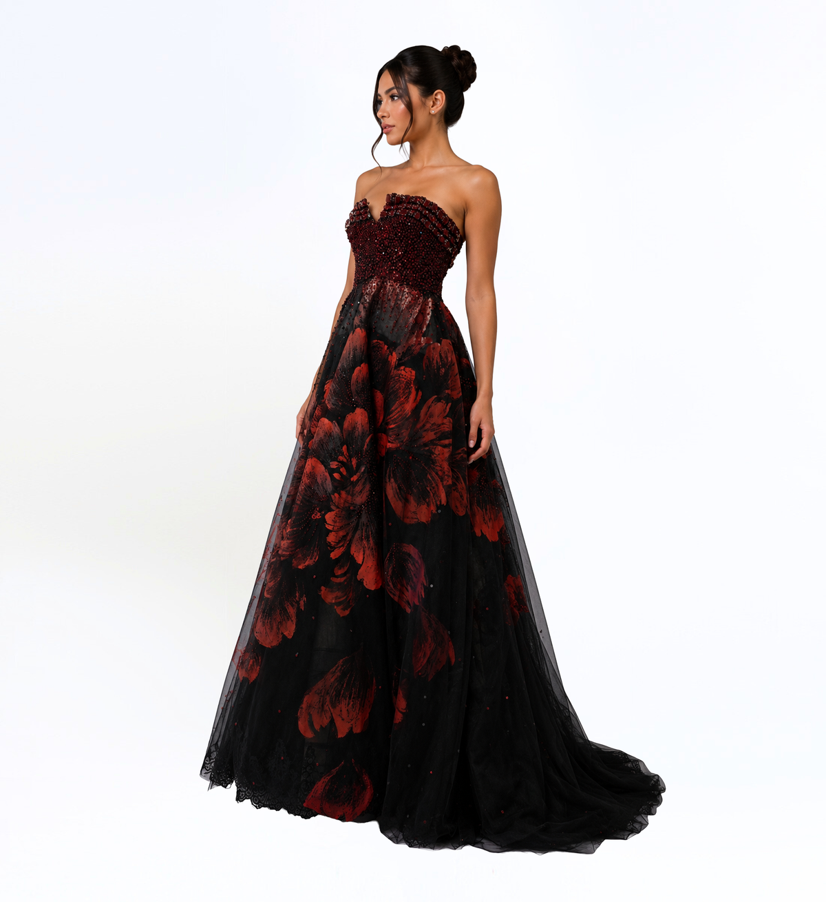 BLACK AND CRIMSON FLORAL BALL GOWN