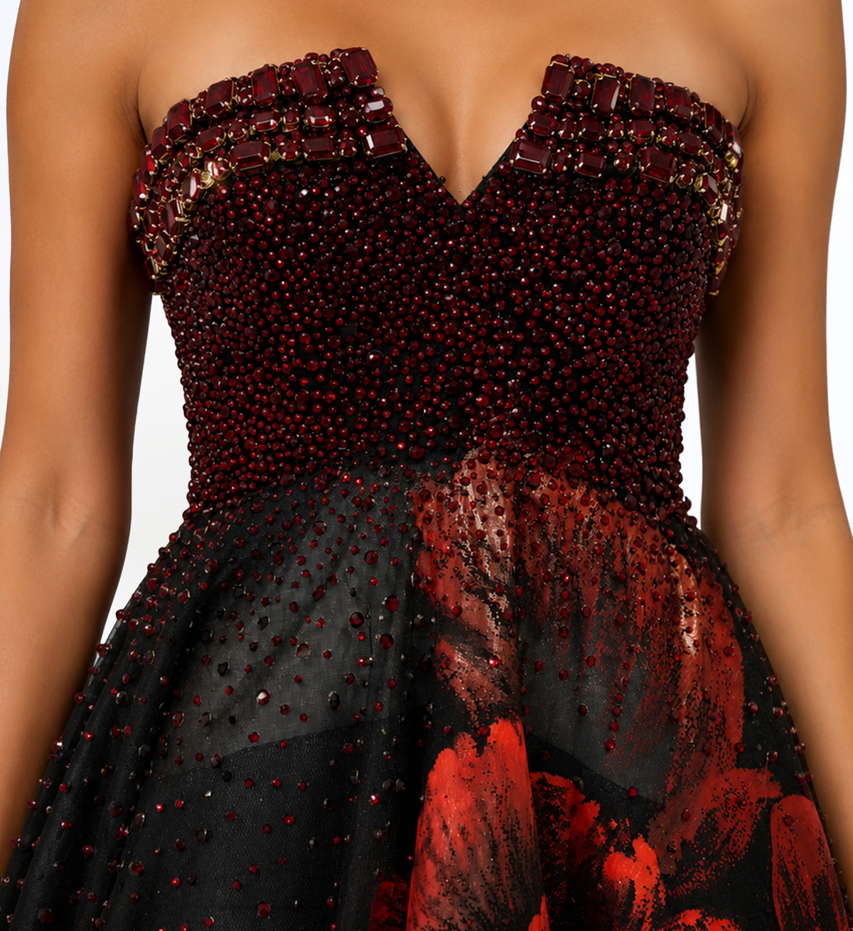 BLACK AND CRIMSON FLORAL BALL GOWN
