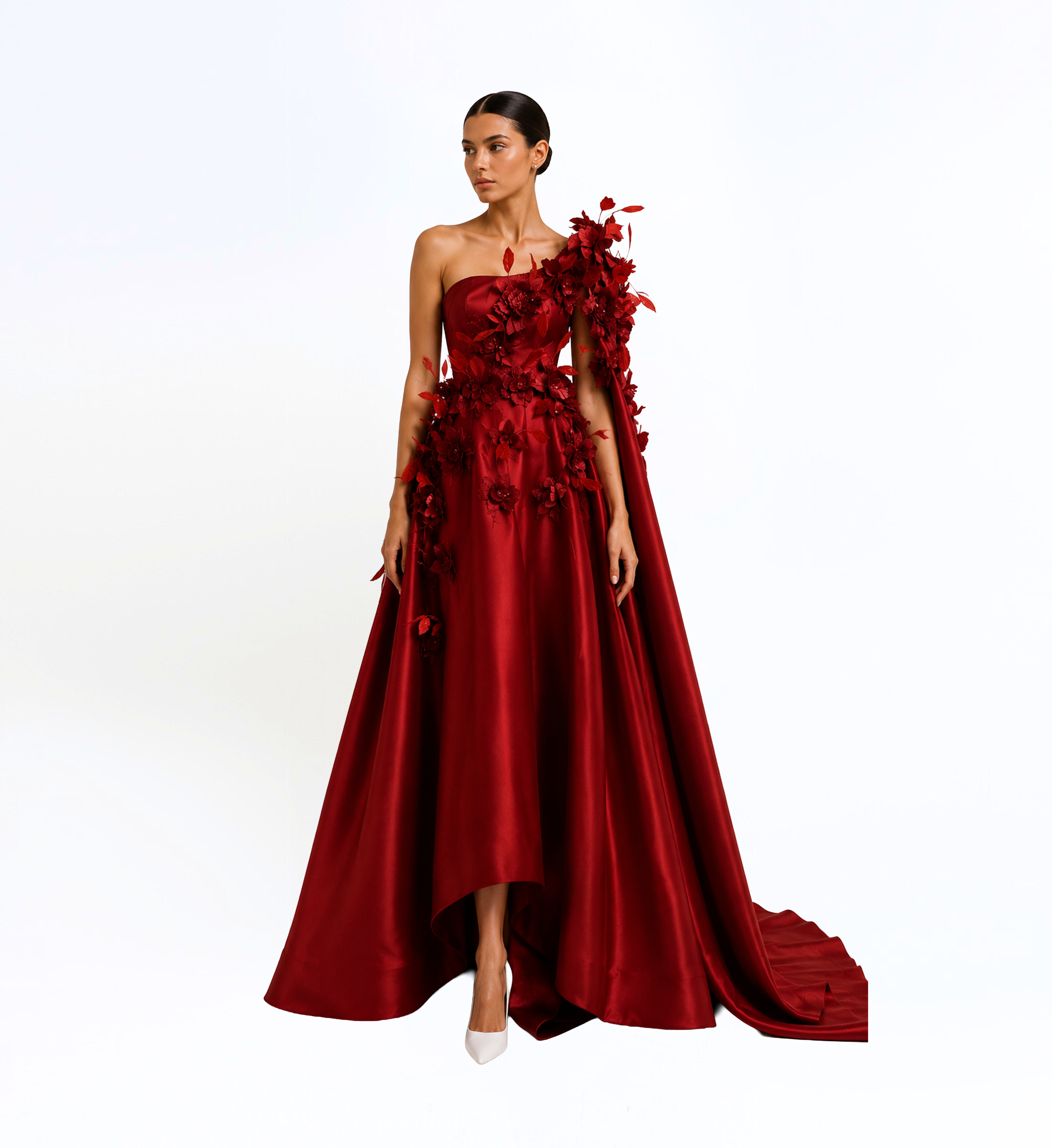 3D Flower Appliques Long Dress With Cape
