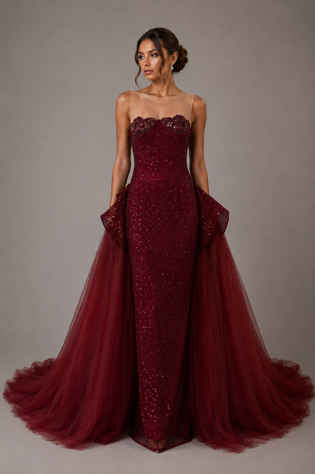BURGUNDY ILLUSION SEQUIN GOWN WITH TULLE OVERSKIRT