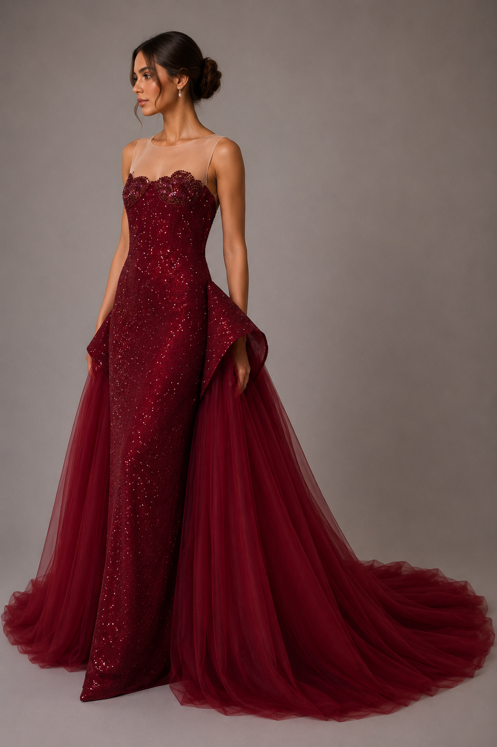 BURGUNDY ILLUSION SEQUIN GOWN WITH TULLE OVERSKIRT