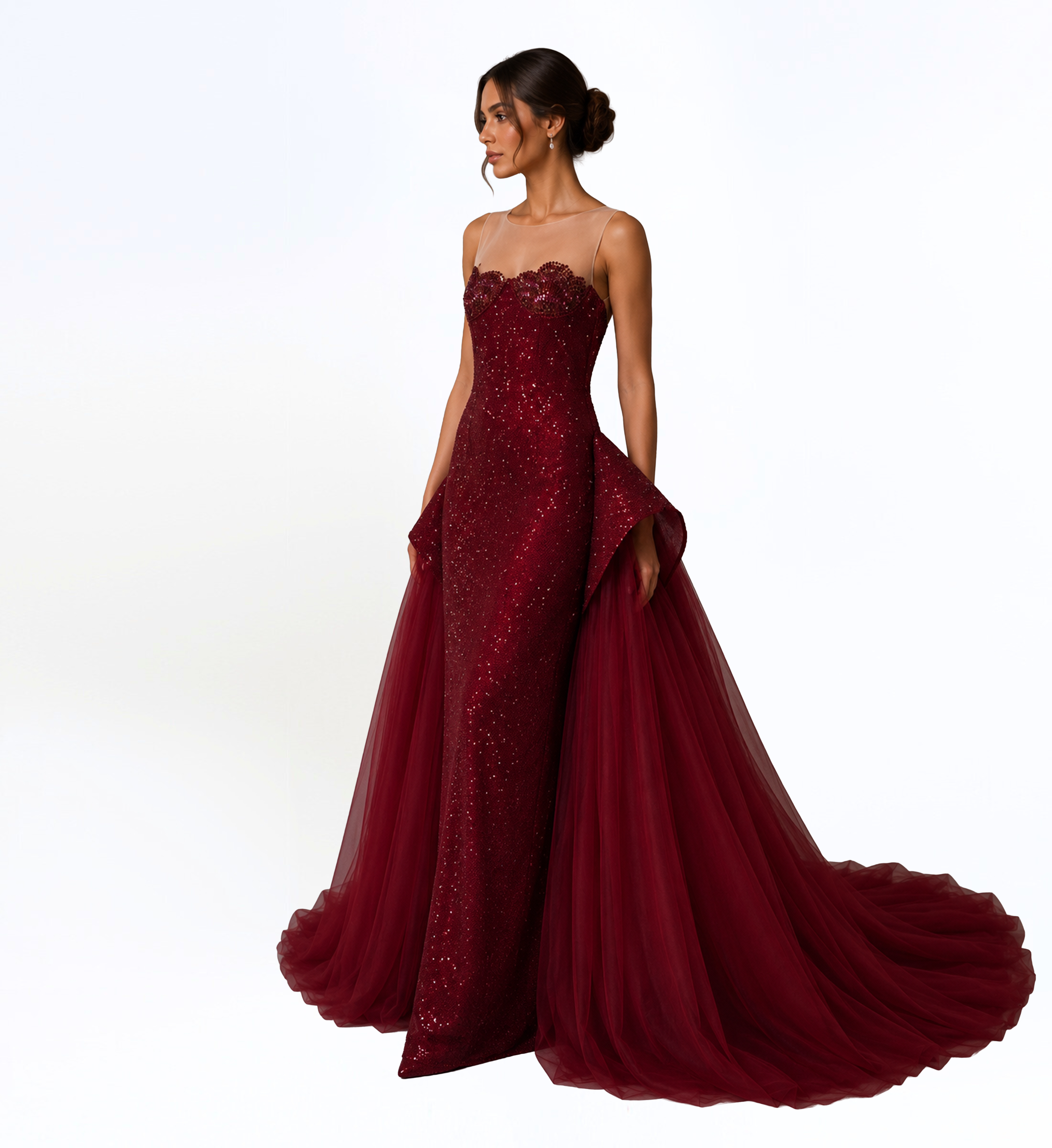 BURGUNDY ILLUSION SEQUIN GOWN WITH TULLE OVERSKIRT