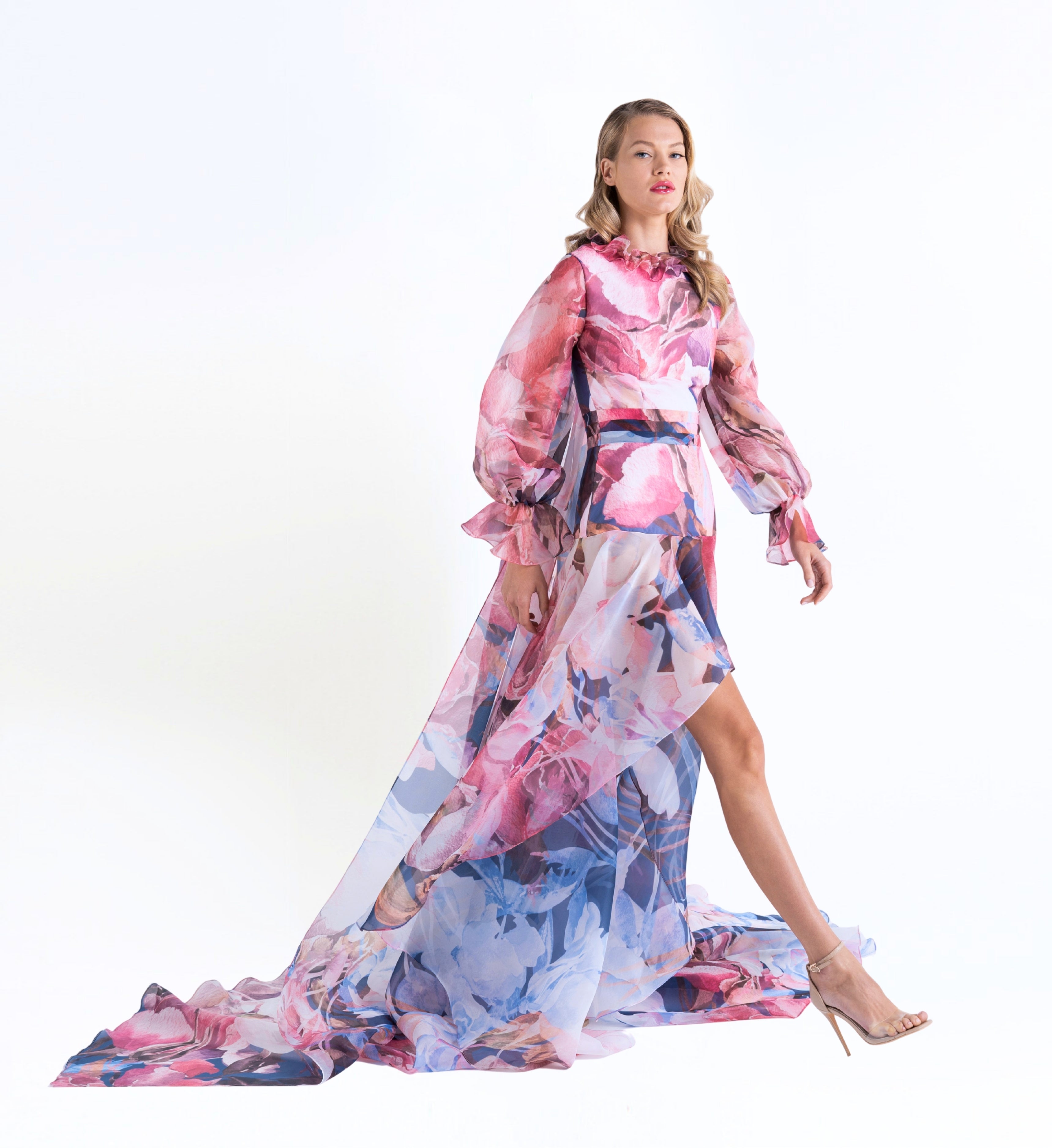 Long Puff Sleeve Asymmetric Floral Dress