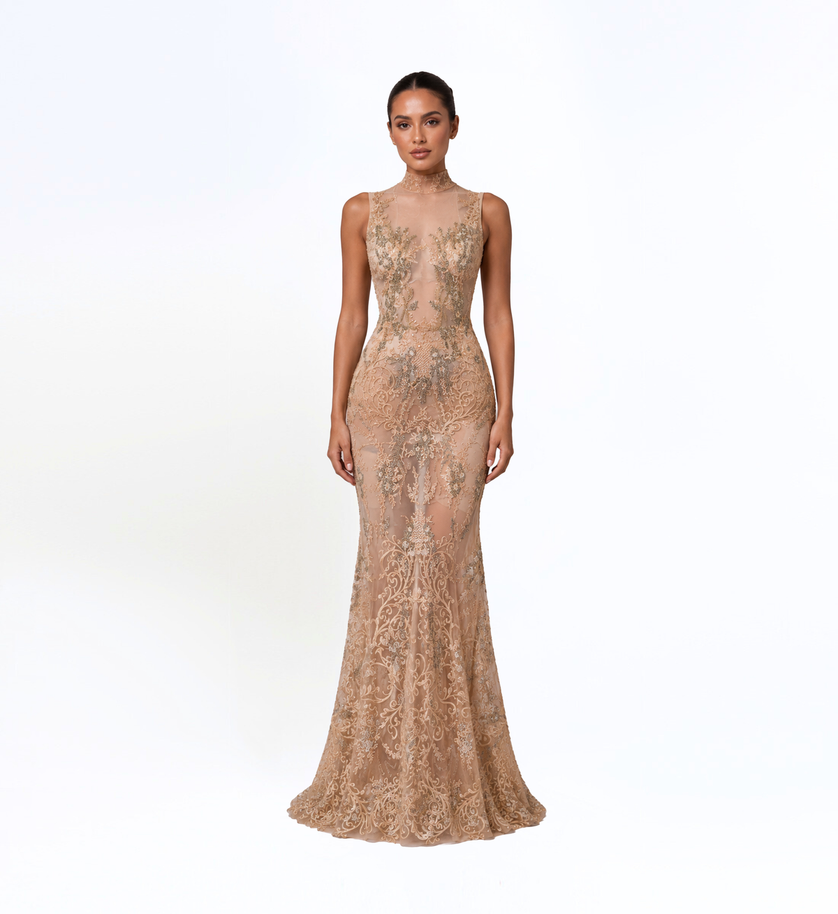 HIGH NECK THREAD EMBROIDERED GOWN