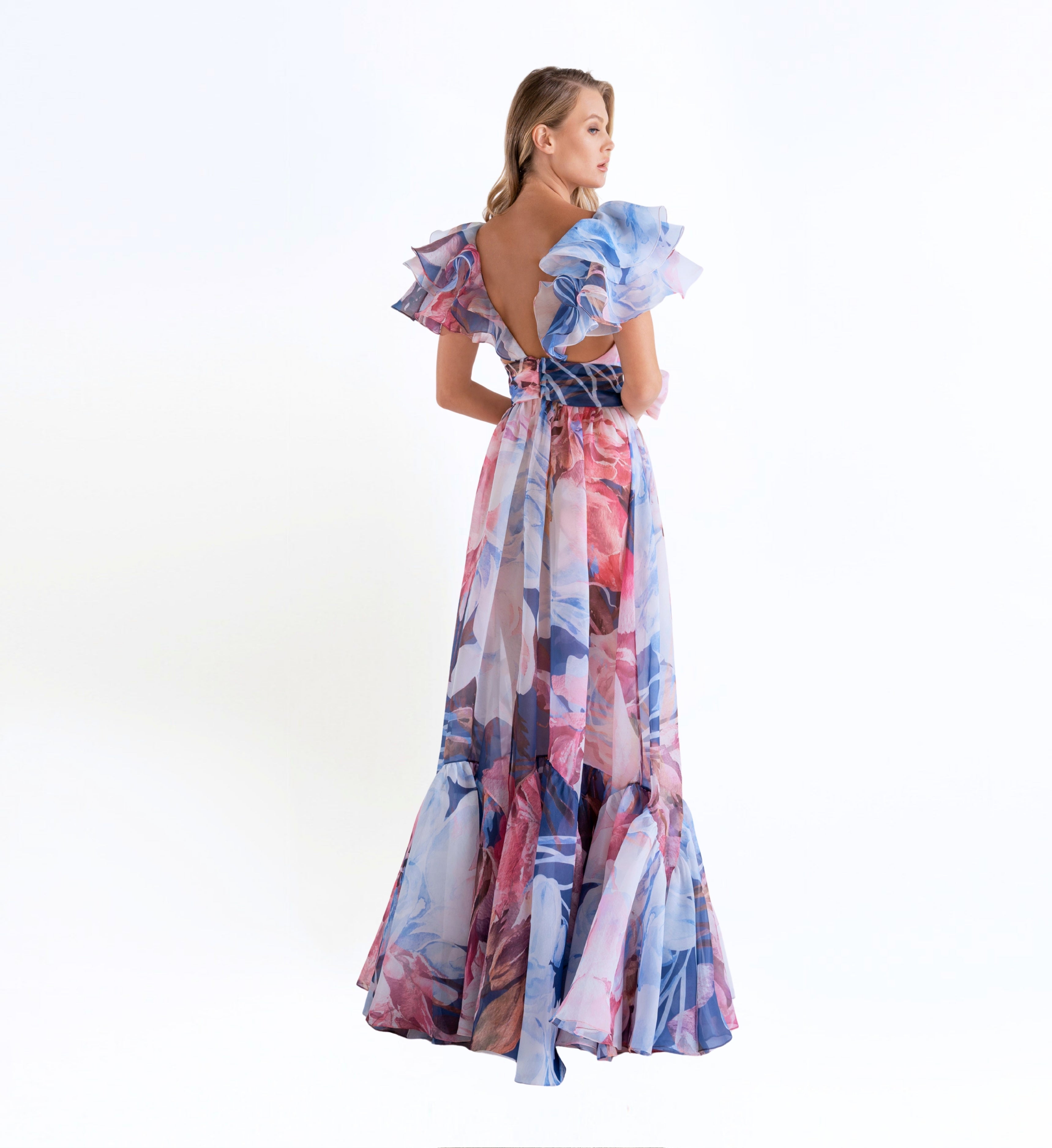 Ruffle- Sleeve Floral-Print Dress
