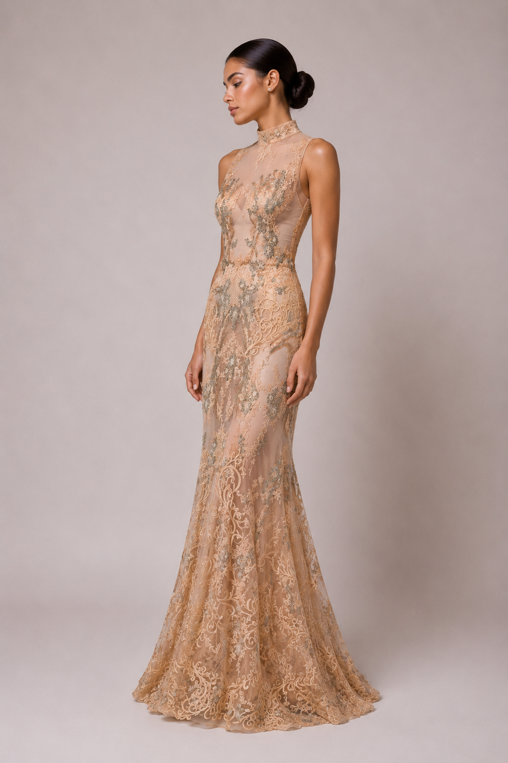 HIGH NECK THREAD EMBROIDERED GOWN