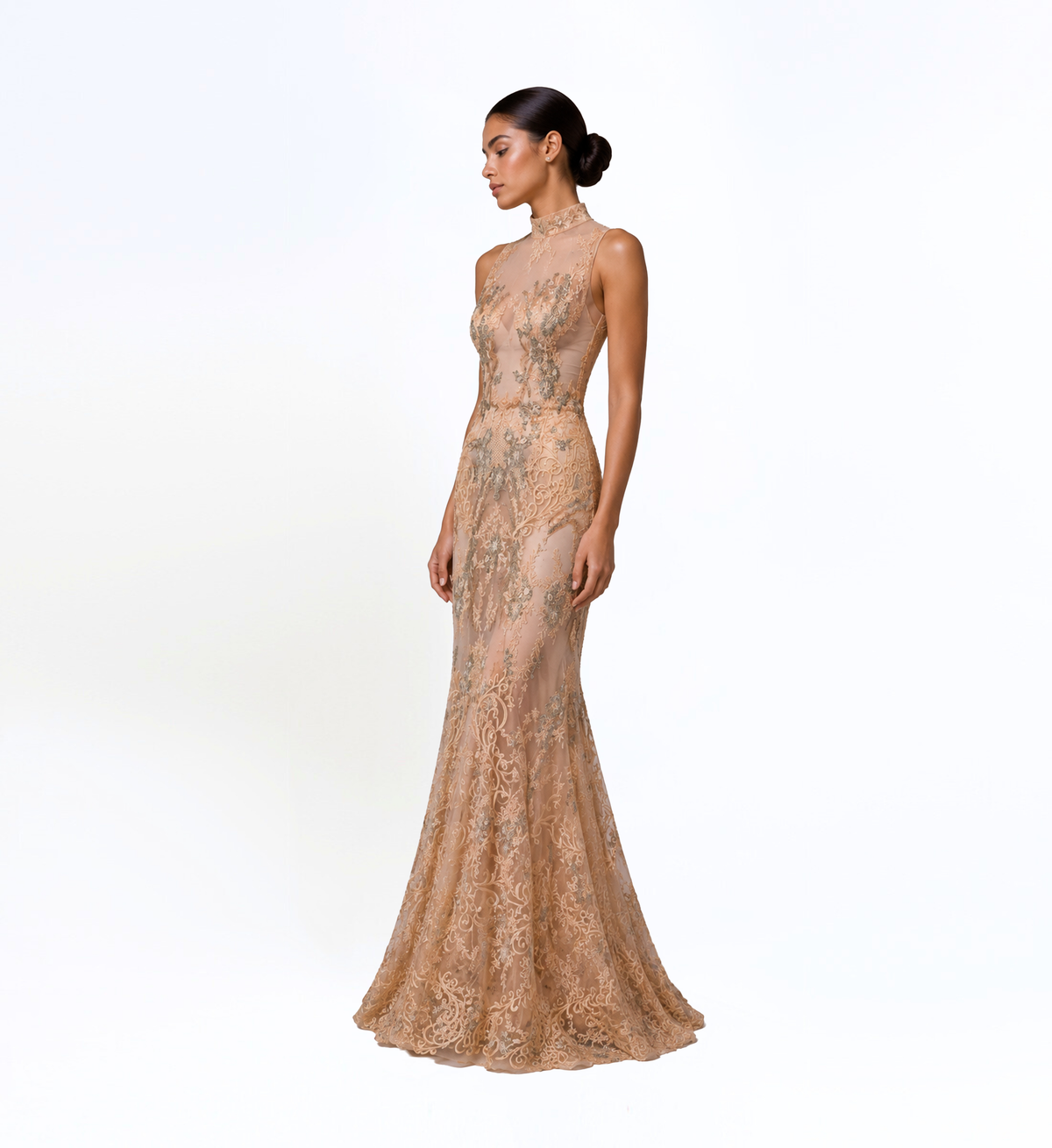HIGH NECK THREAD EMBROIDERED GOWN
