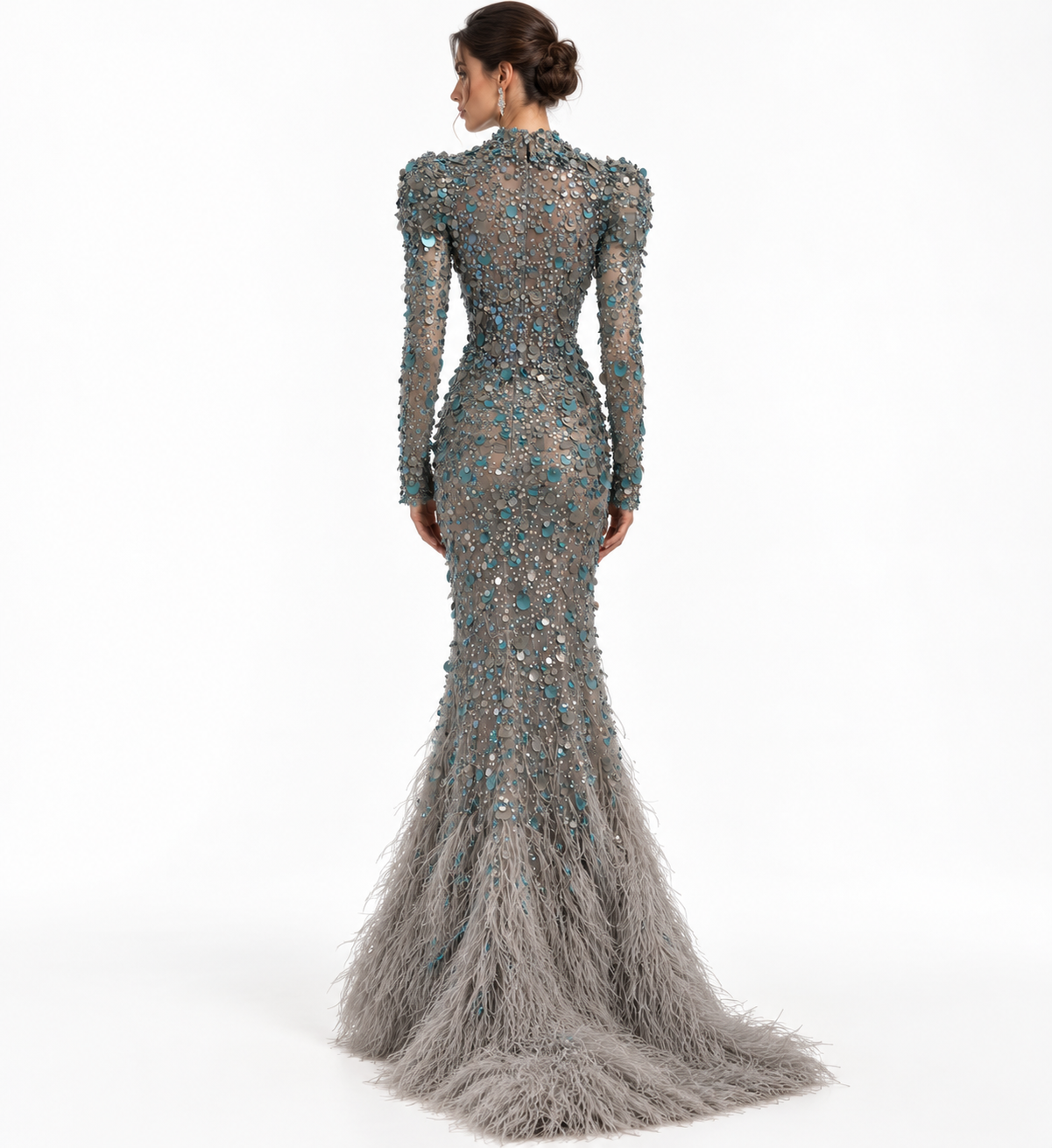 SILVER BLUE EMBELLISHED FEATHER GOWN