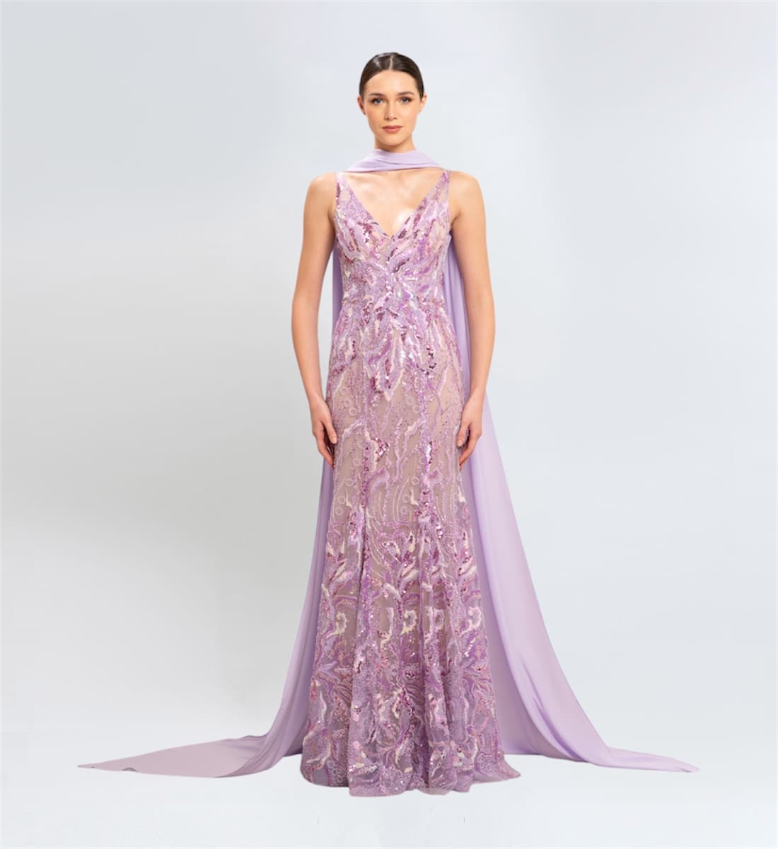 BEAD EMBROIDERED LONG DRESS WITH SCARF