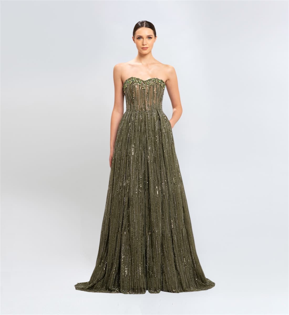 BEAD EMBROIDERED SWEETHEART NECK GOWN