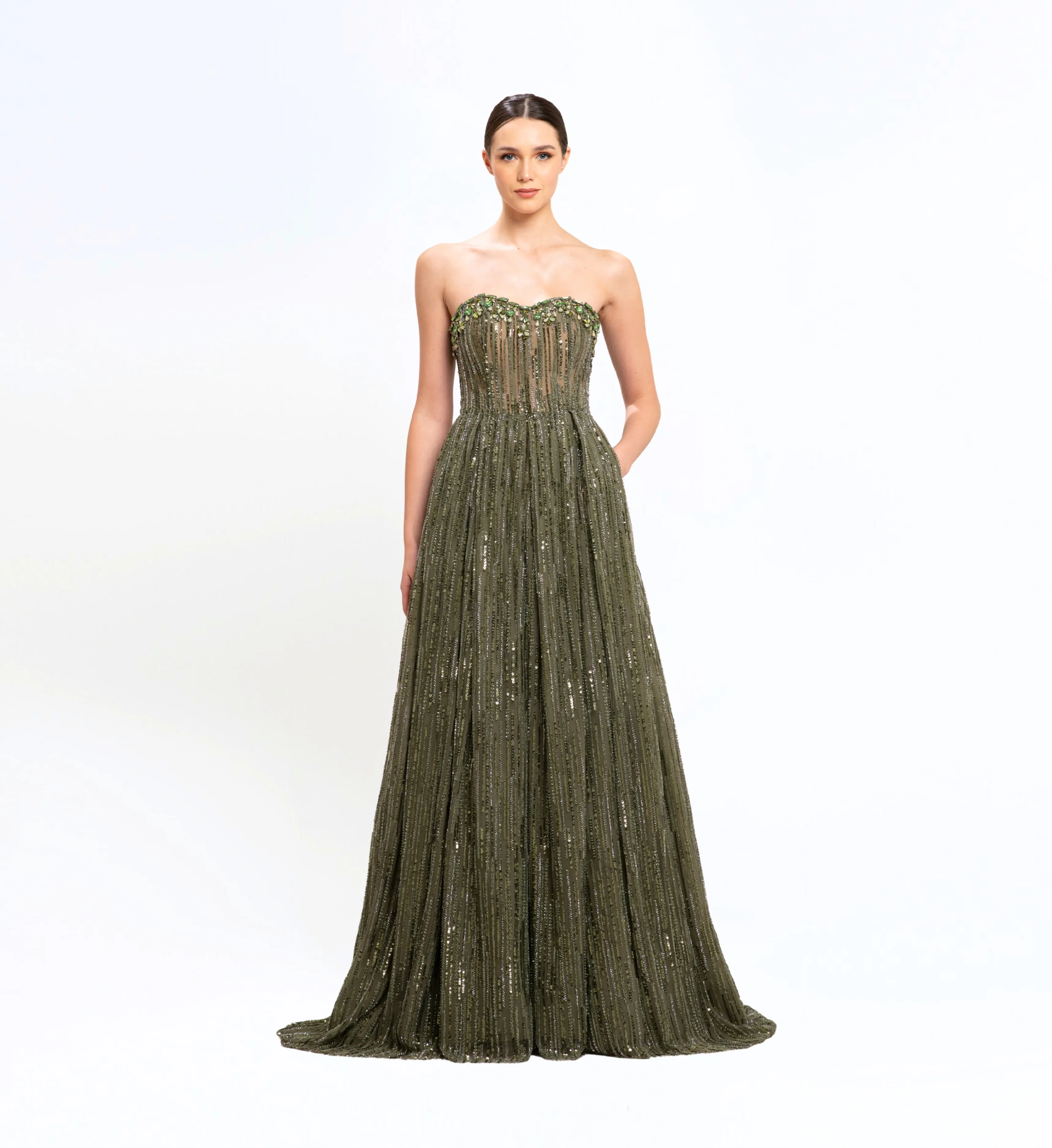 BEAD EMBROIDERED SWEETHEART NECK GOWN