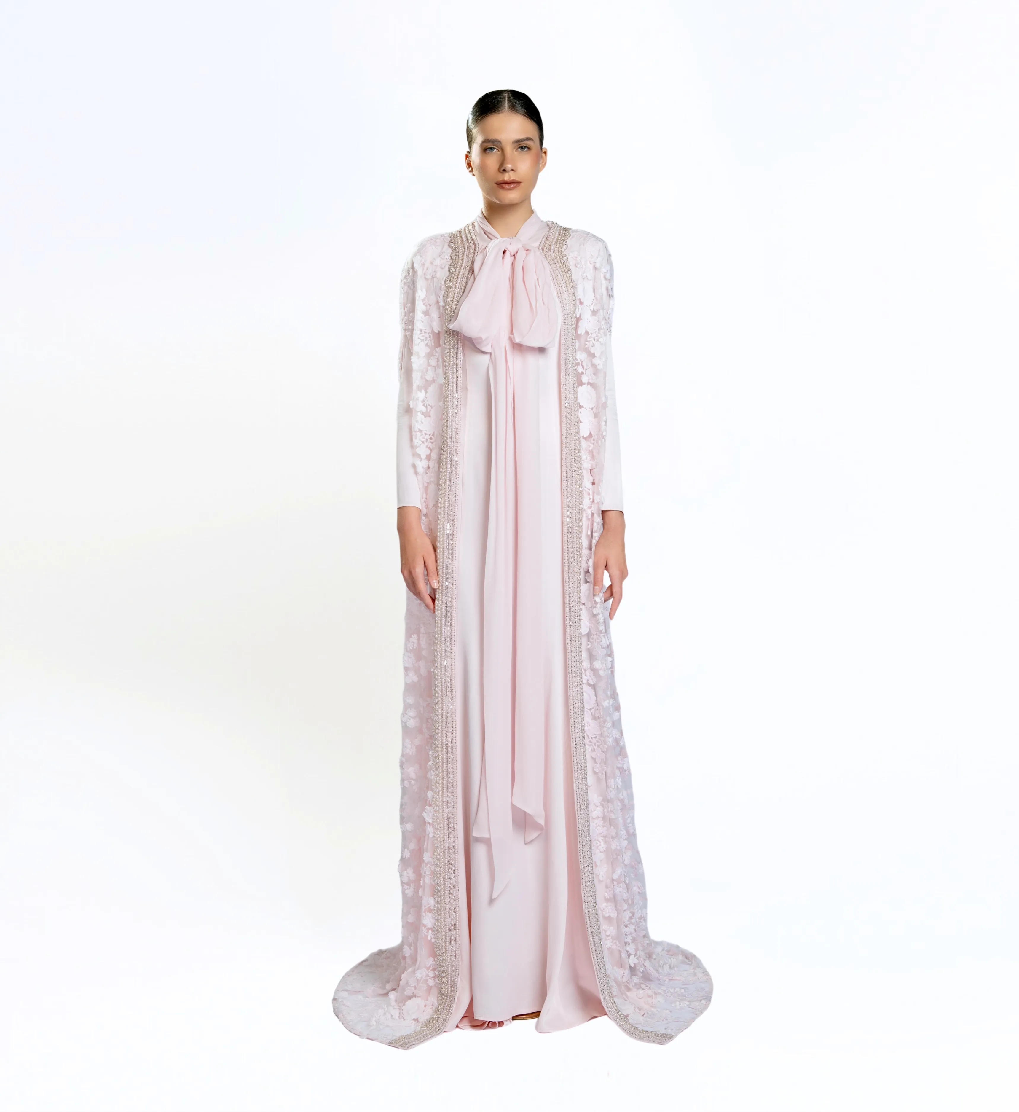 Embroidered Cape Gown - Blush Pink