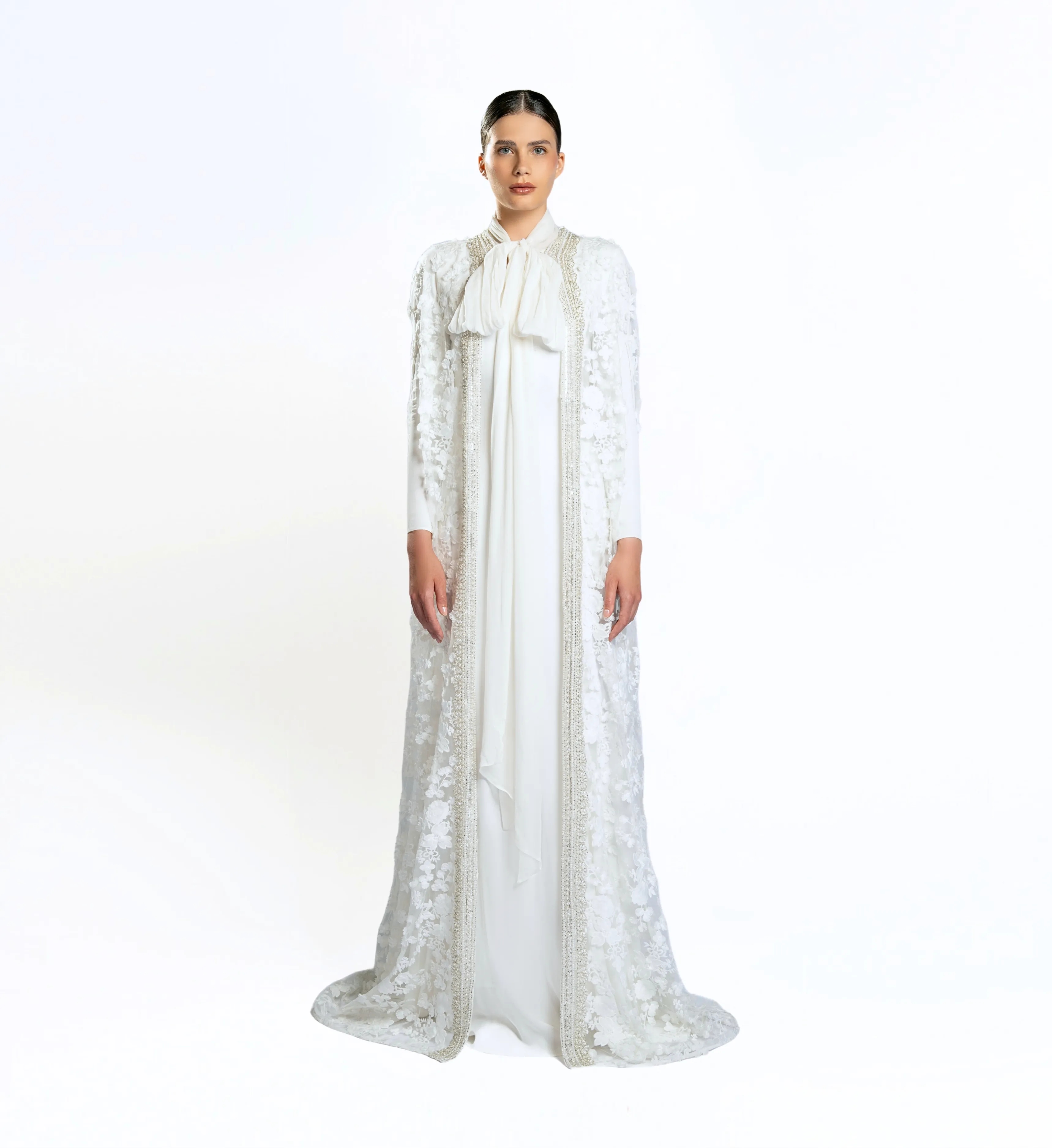 Embroidered Cape Gown - White