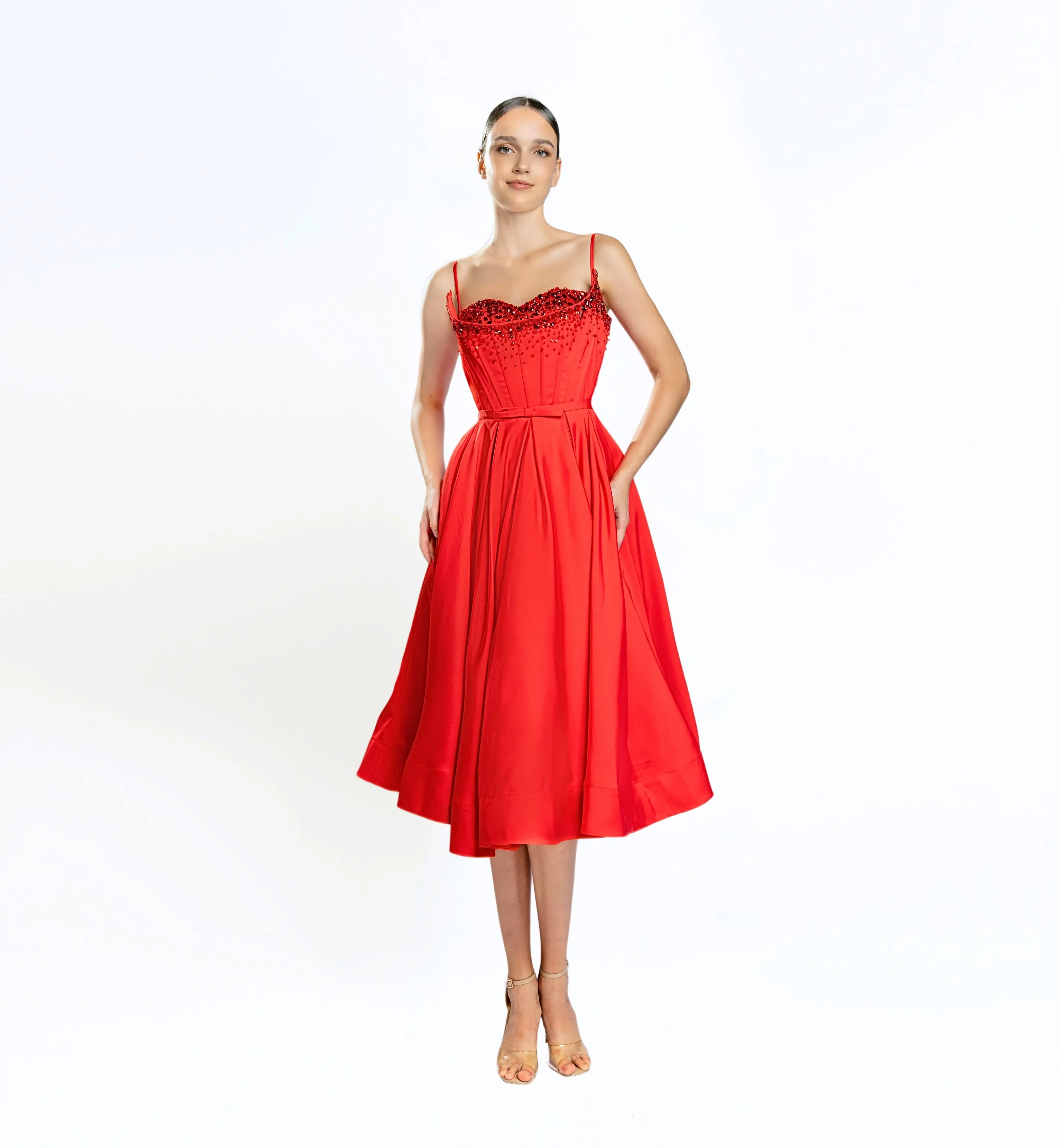 Embellished Corset Midi Dress - Jester Red