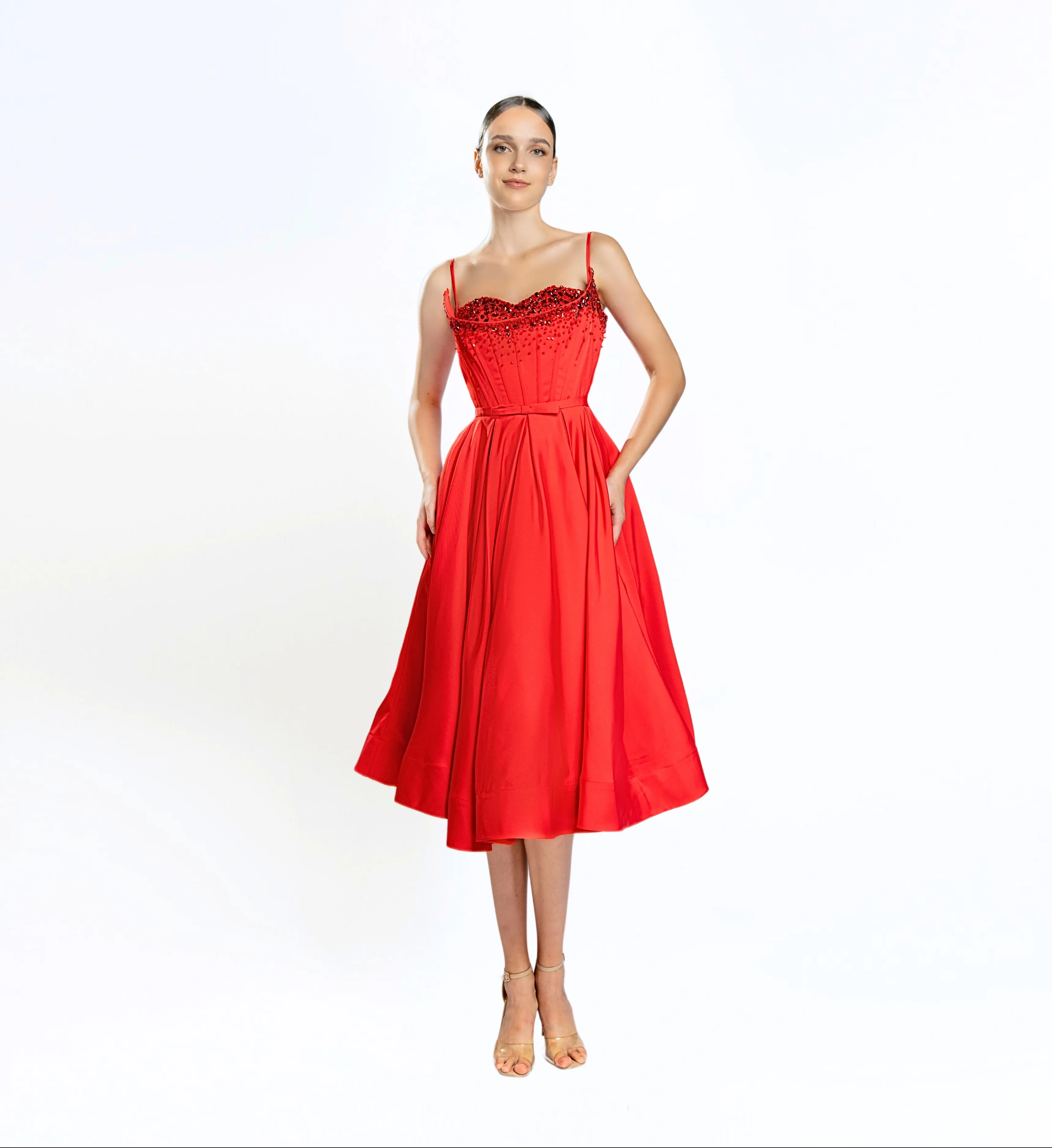 Embellished Corset Midi Dress - Jester Red