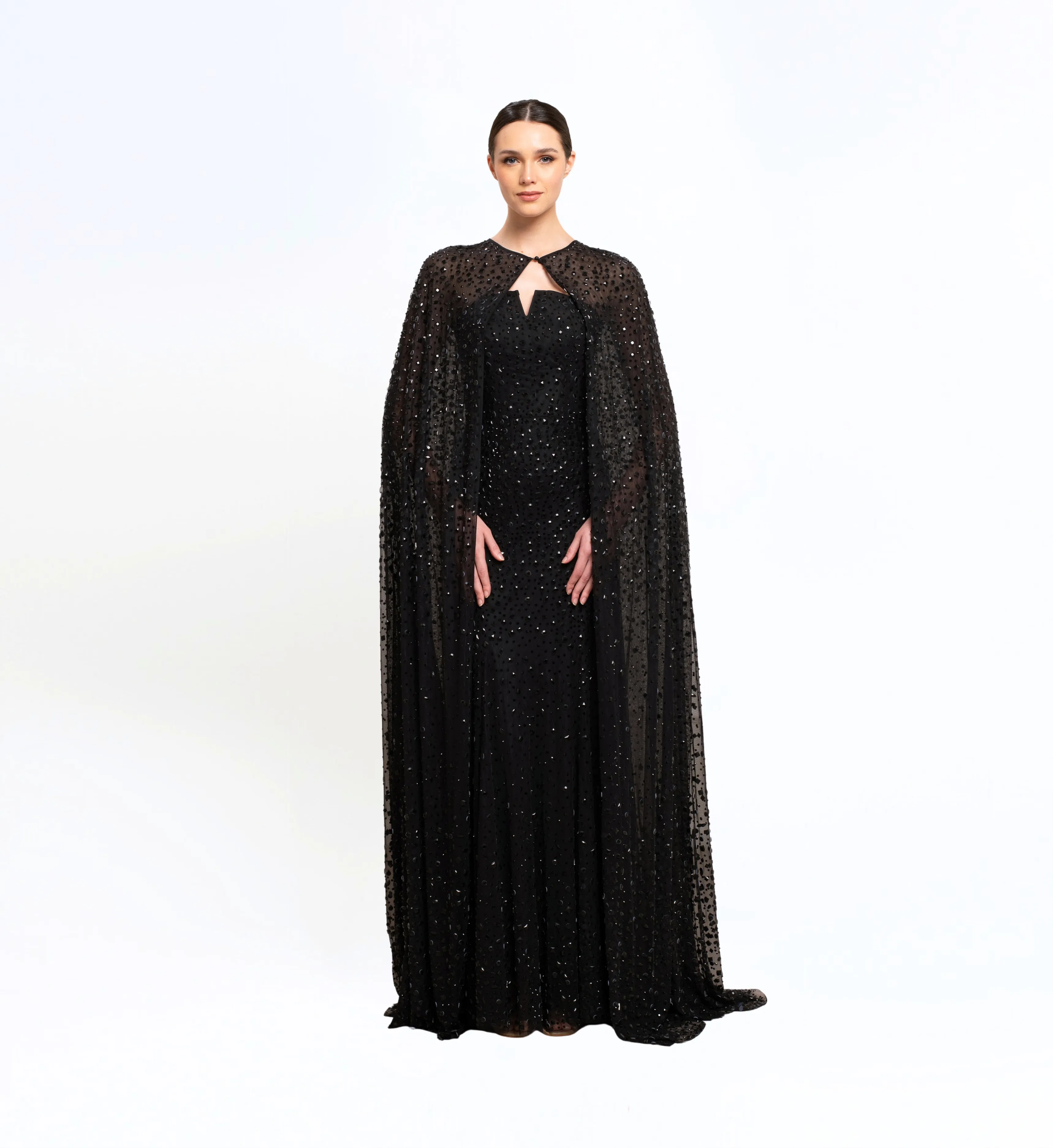 BEAD EMBROIDERED LONG DRESS WITH CAPE