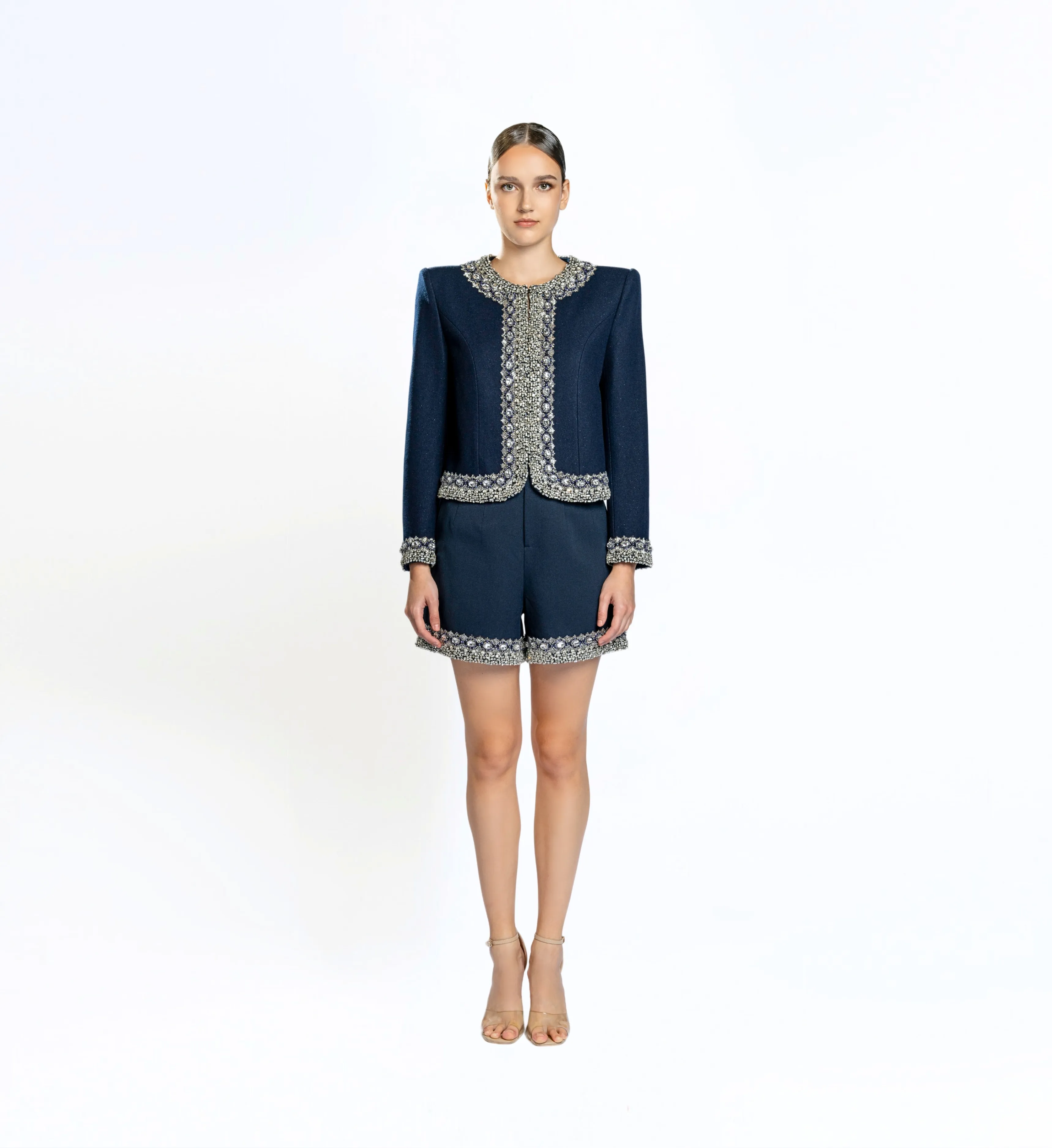 Beaded Wool Jacket, Short and Skirt – Navy Blue