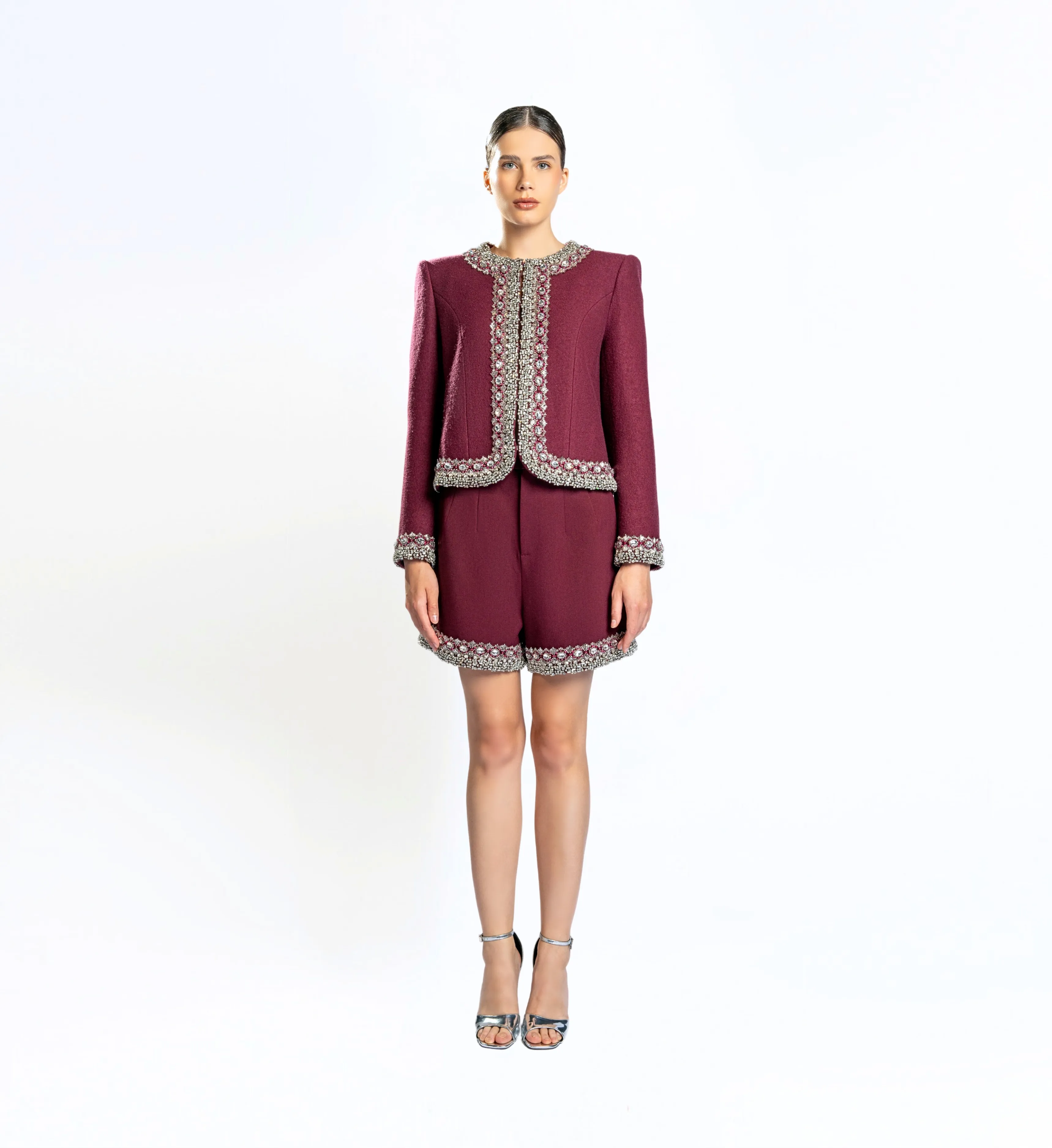 Beaded Wool Jacket, Short and Skirt – Red Rush