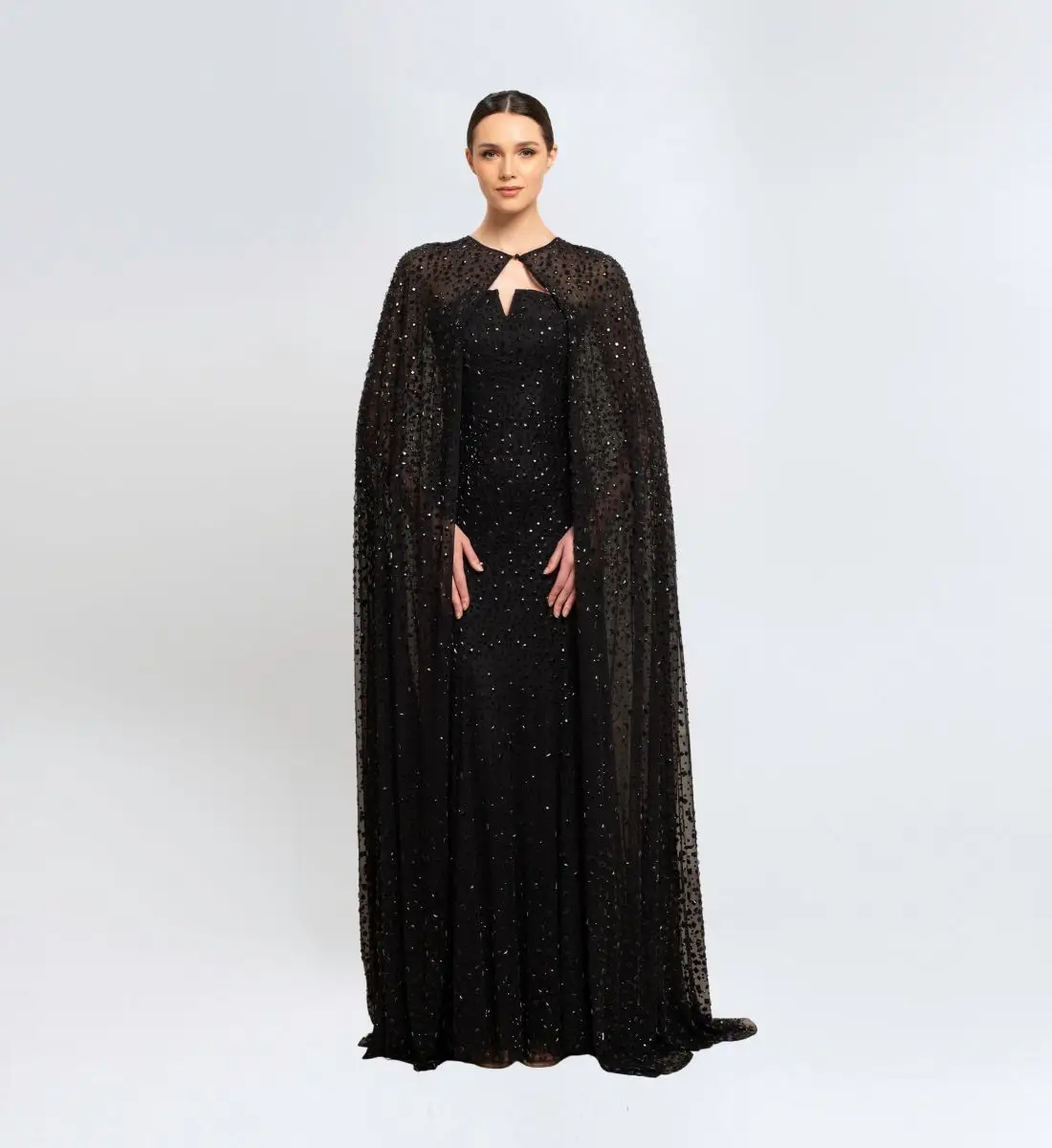 Bead Embroidered Long Dress with Cape