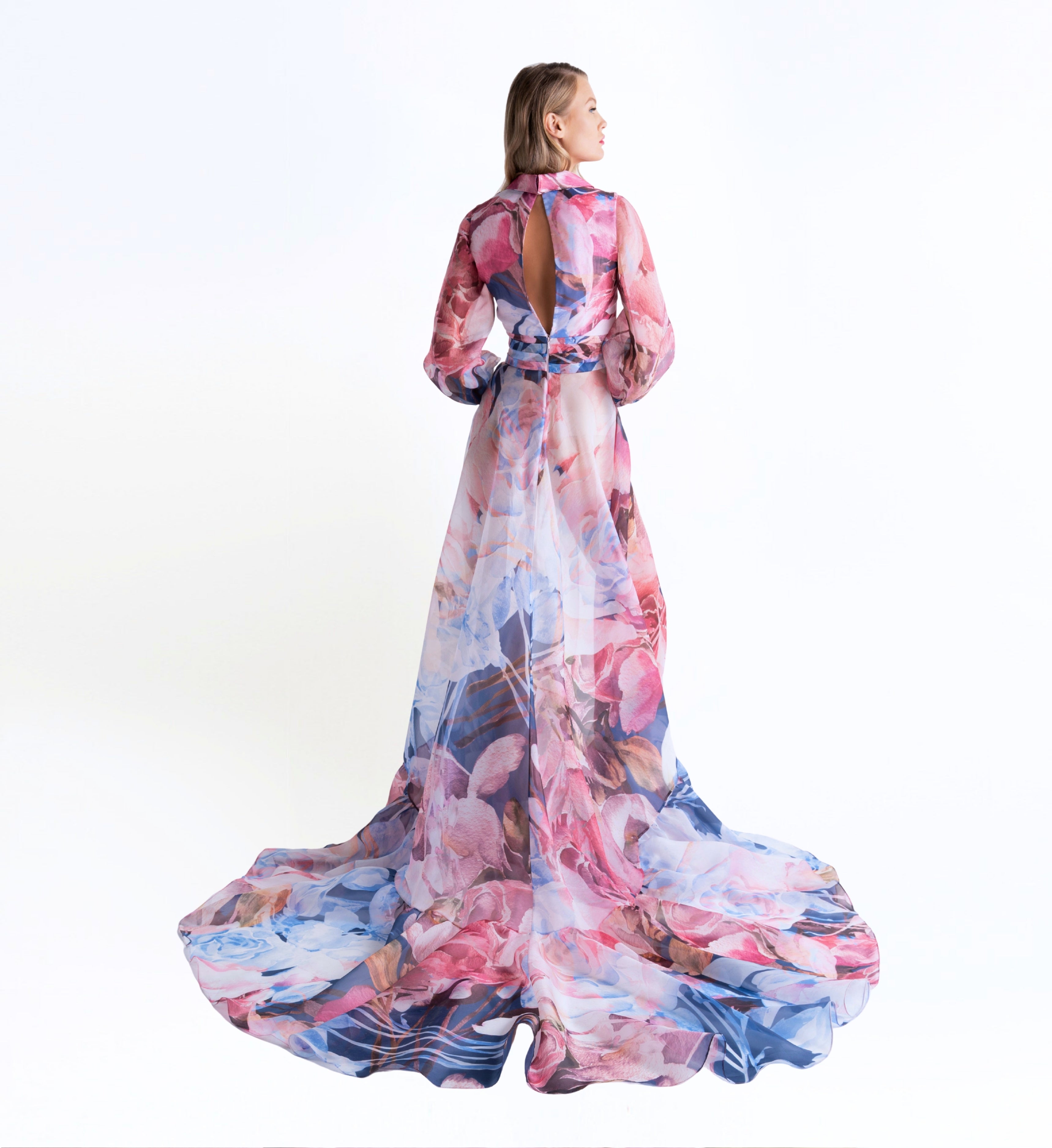 Long Puff Sleeve Asymmetric Floral Dress