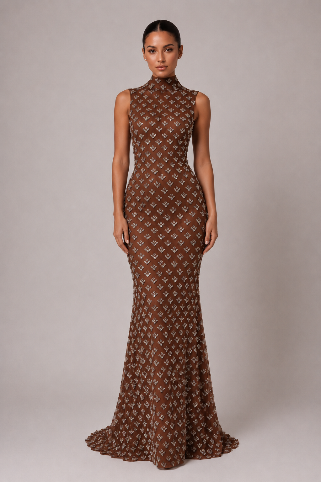 HIGH NECK CRYSTAL-EMBELLISHED GOWN