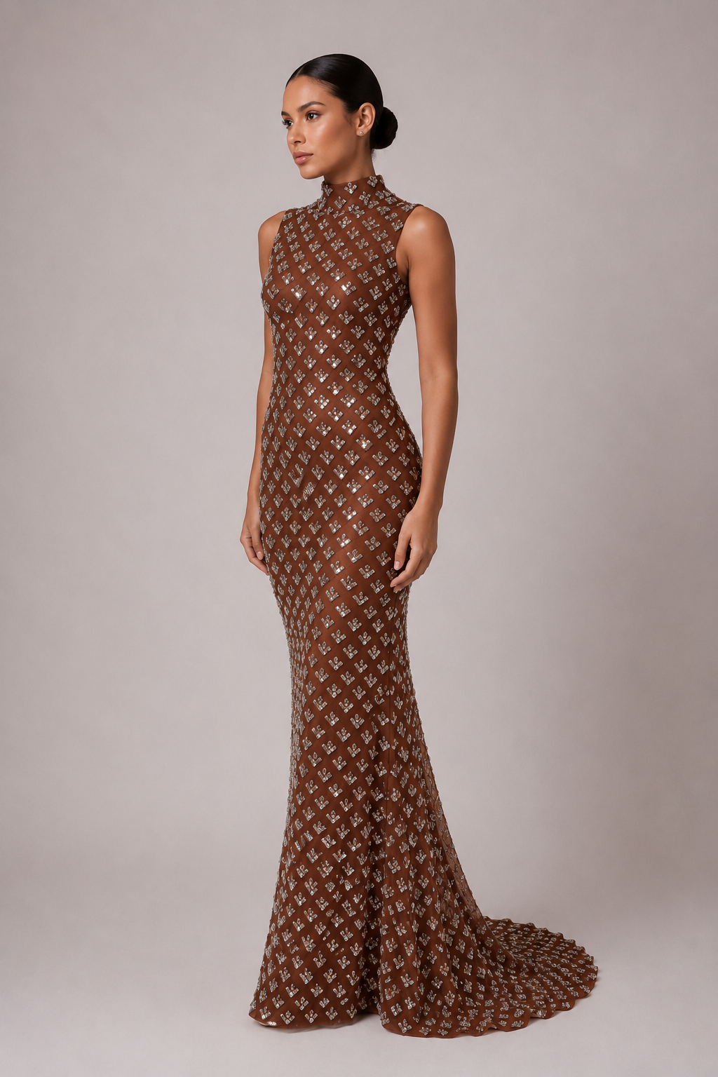 HIGH NECK CRYSTAL-EMBELLISHED GOWN