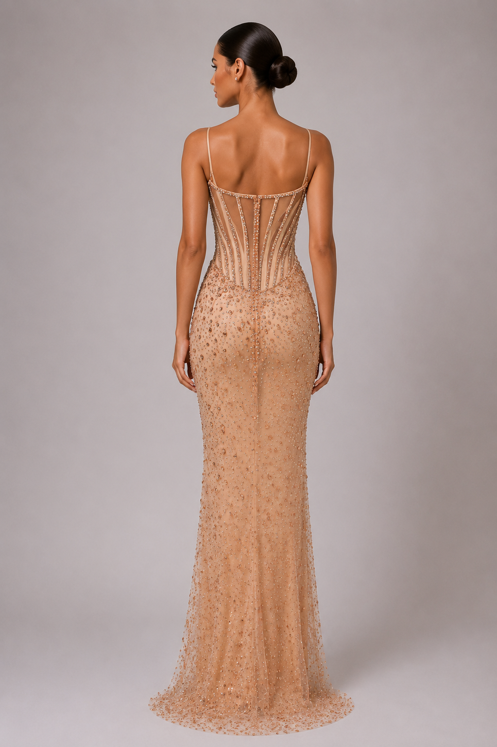 CHAMPAGNE EMBELLISHED COLUMN GOWN