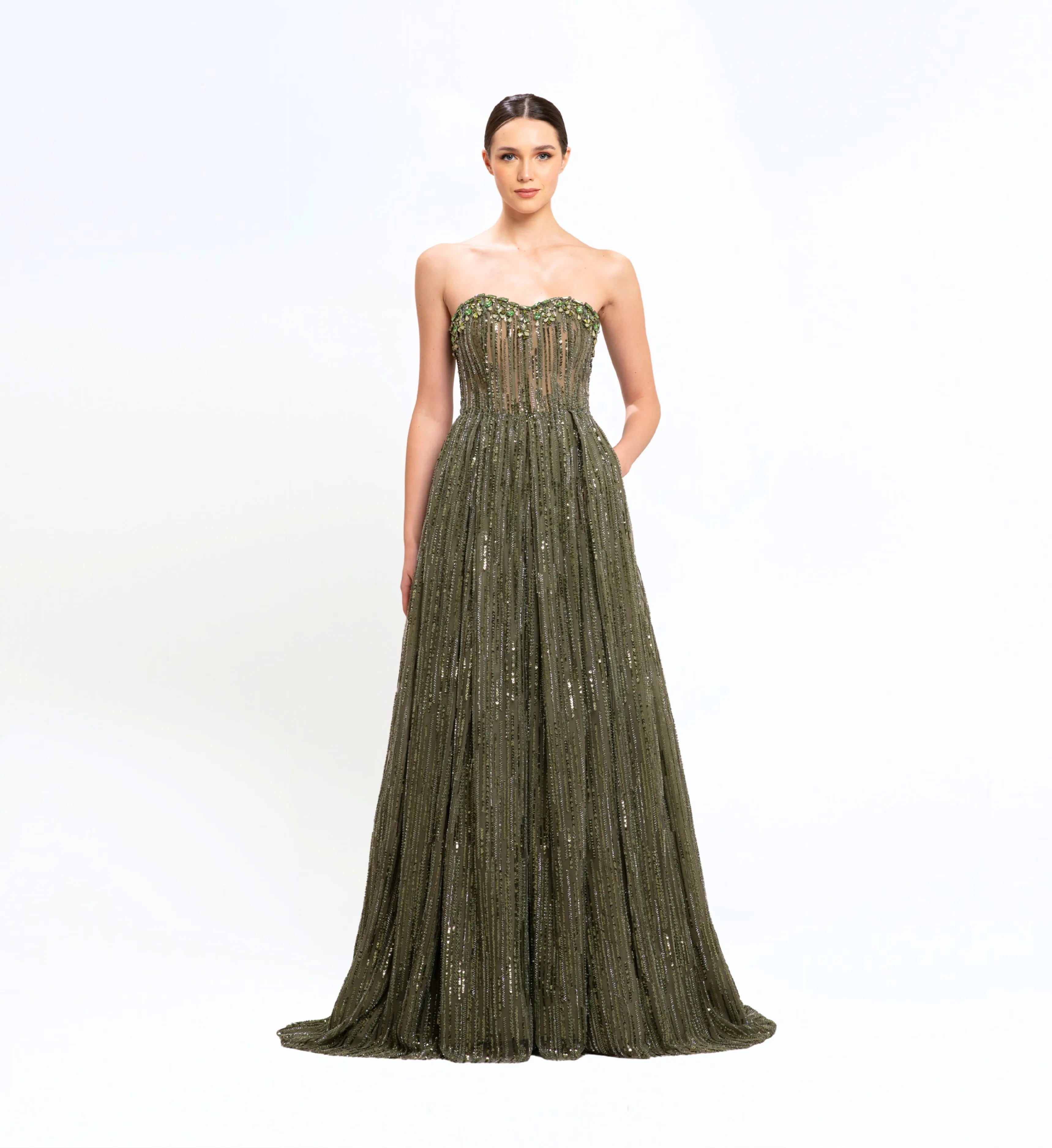 BEAD EMBROIDERED SWEETHEART NECK GOWN