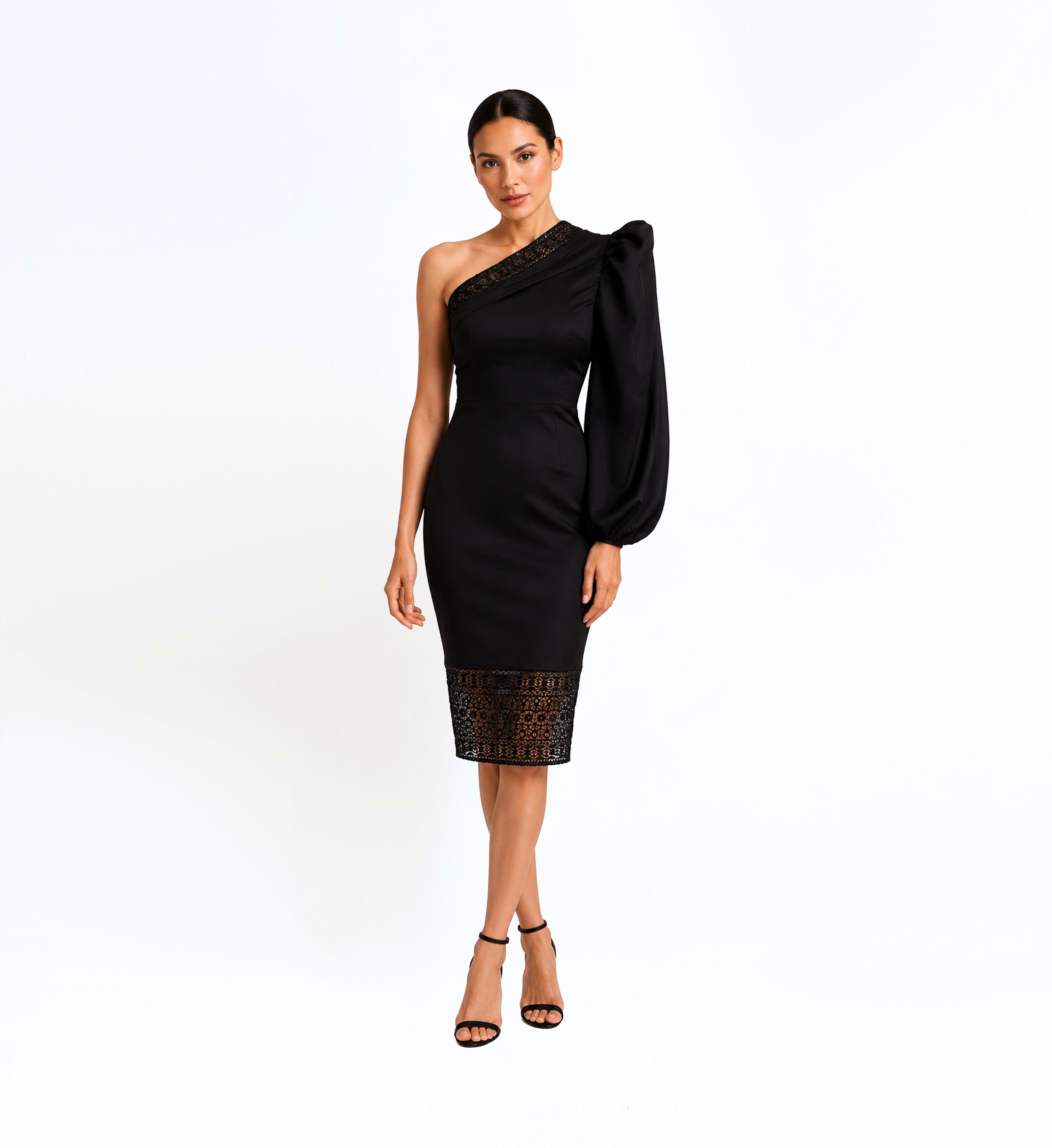 Assymetric Puff-Shoulder Midi Dress