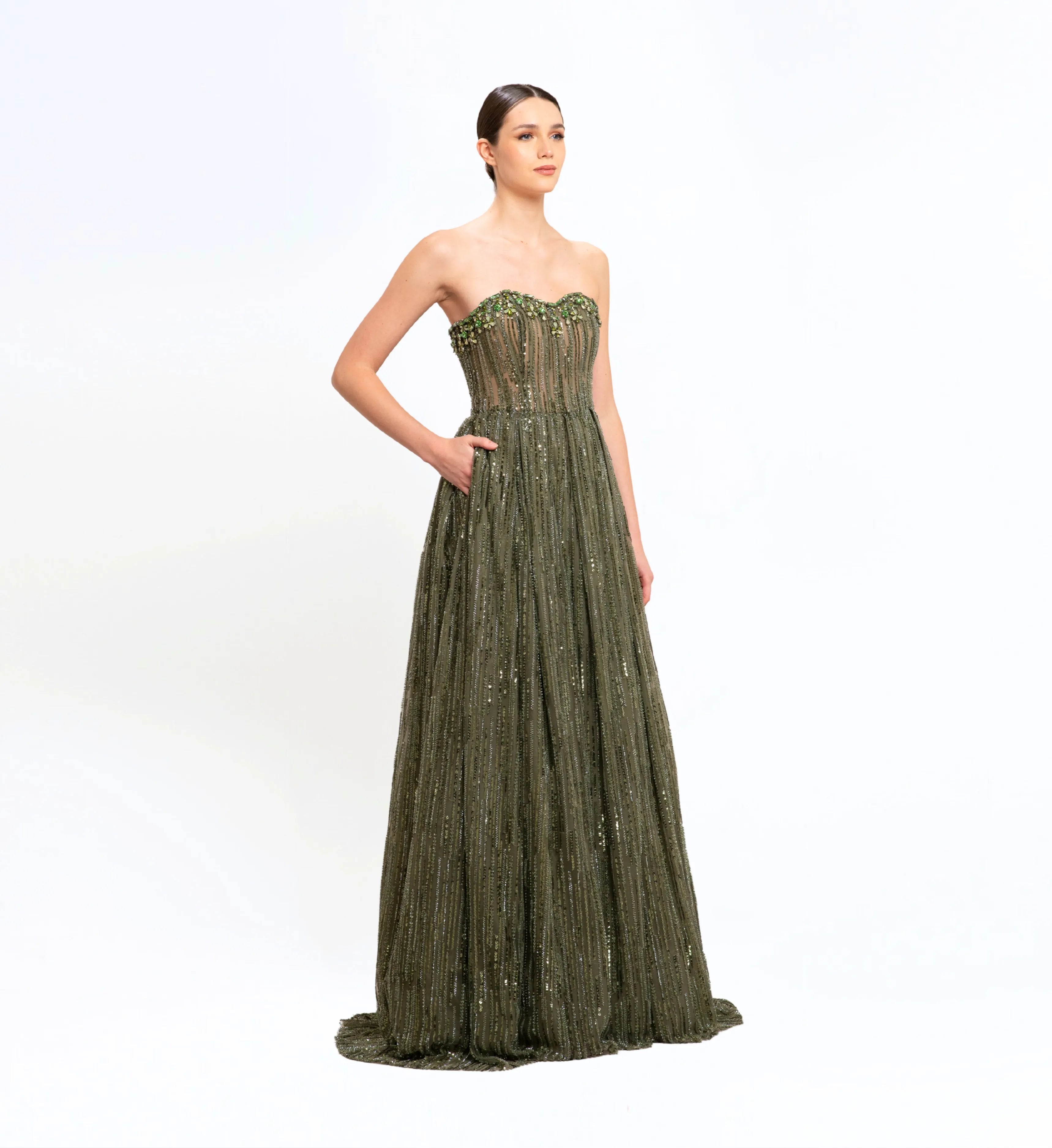 BEAD EMBROIDERED SWEETHEART NECK GOWN