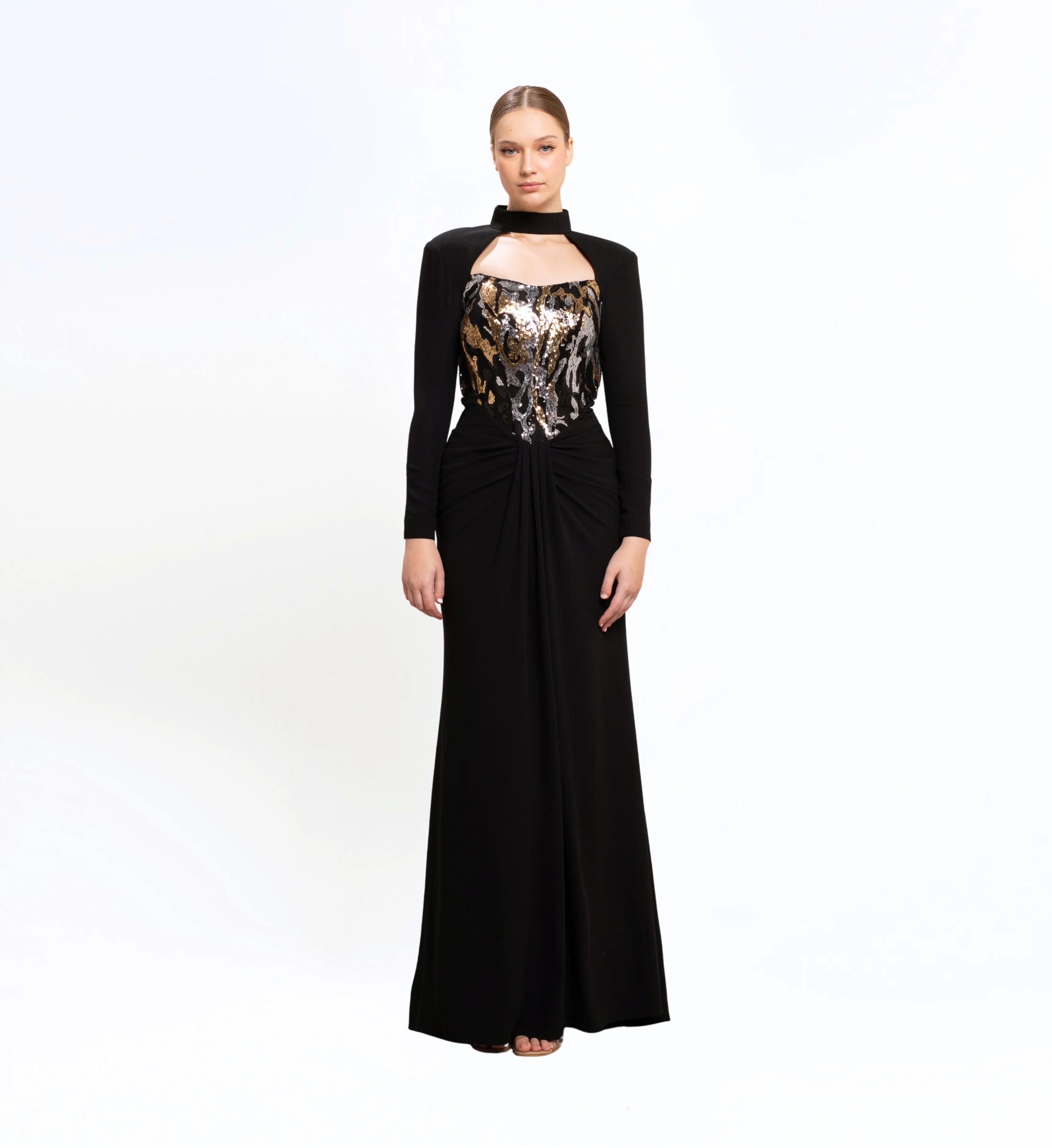 SEQUIN EMBROIDERED OPEN BACK LONG DRESS