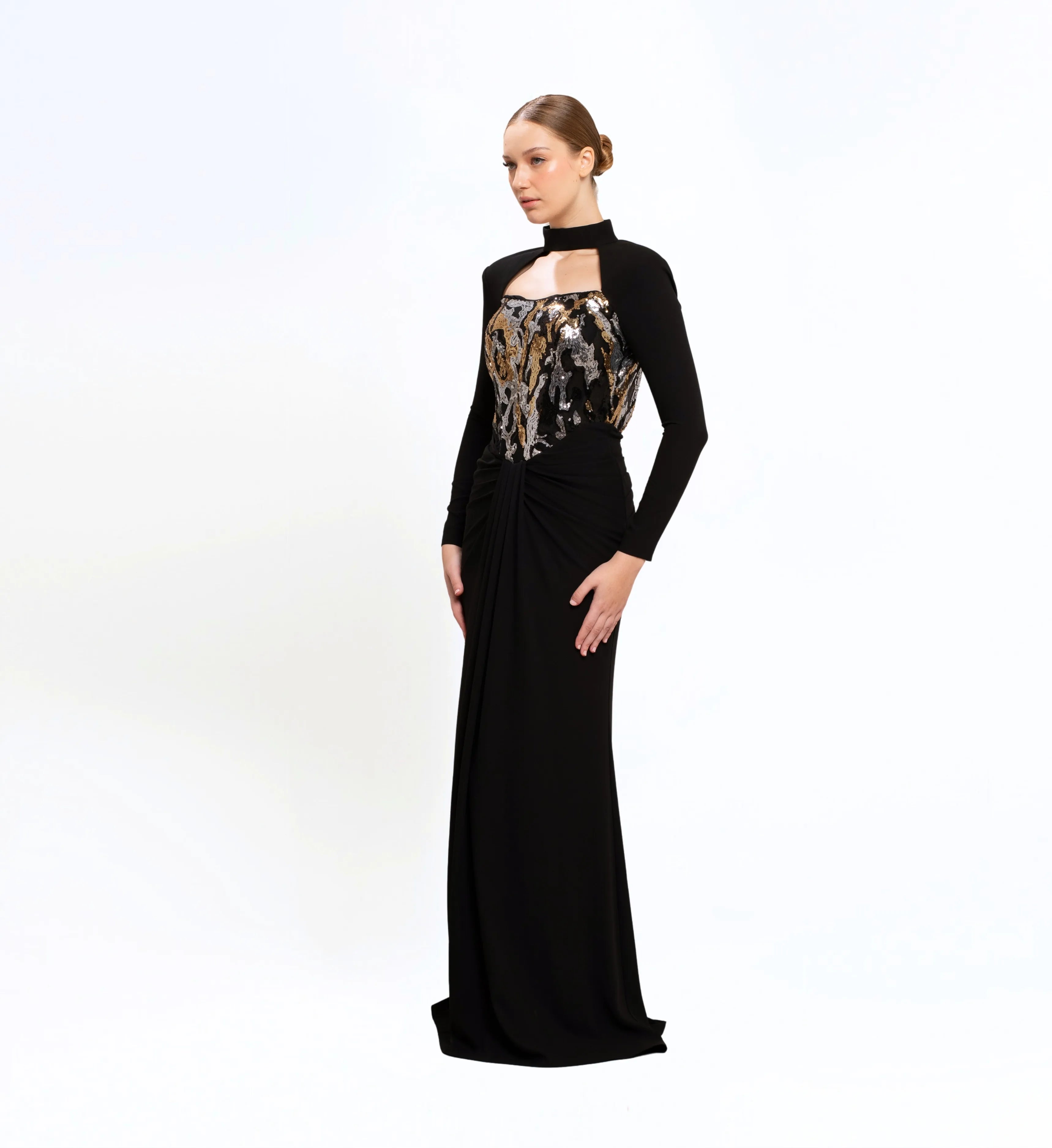 SEQUIN EMBROIDERED OPEN BACK LONG DRESS