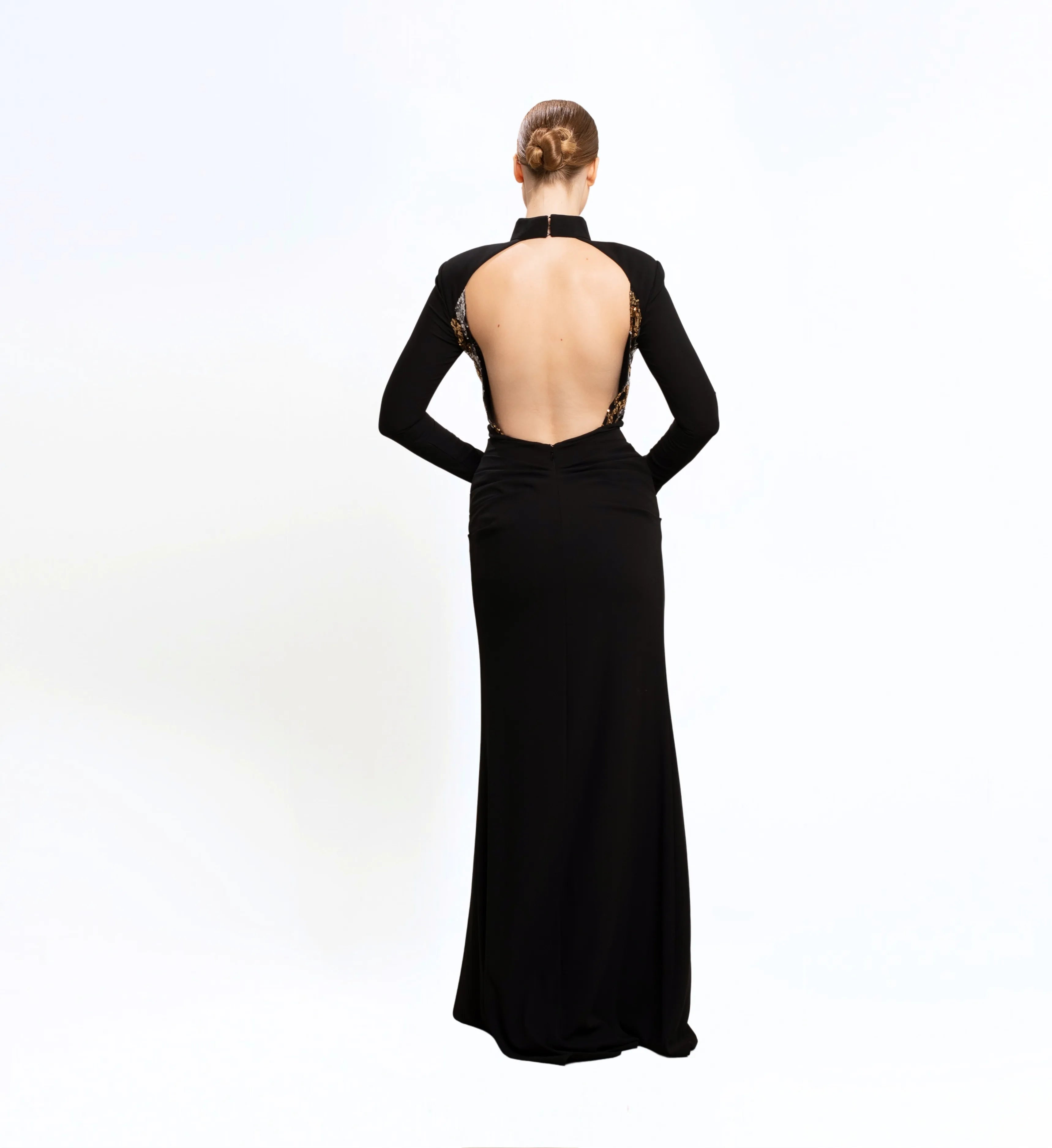 SEQUIN EMBROIDERED OPEN BACK LONG DRESS