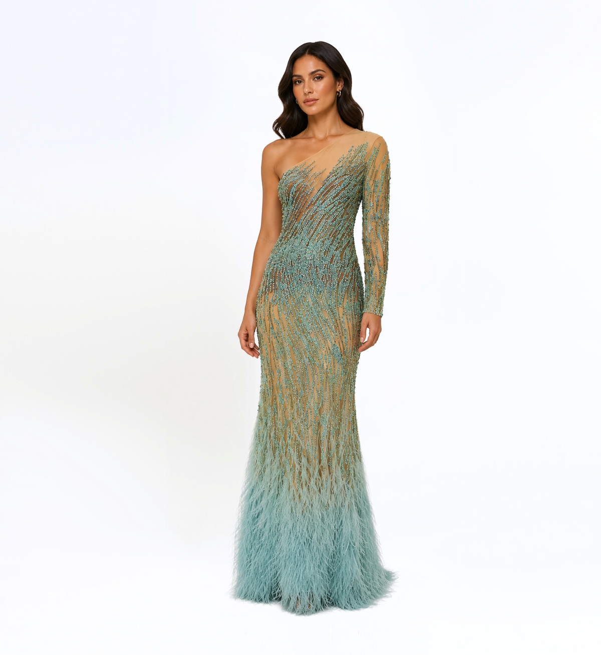 ONE SHOULDER OMBRE BEADED FEATHER GOWN