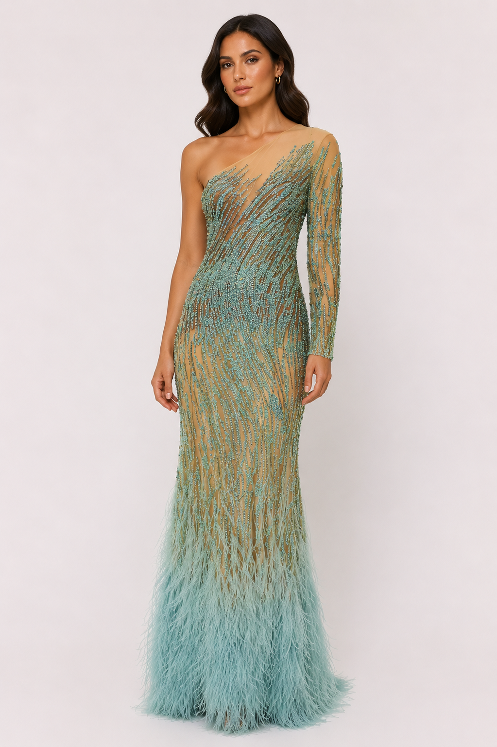 ONE-SHOULDER OMBRE BEADED FEATHER GOWN
