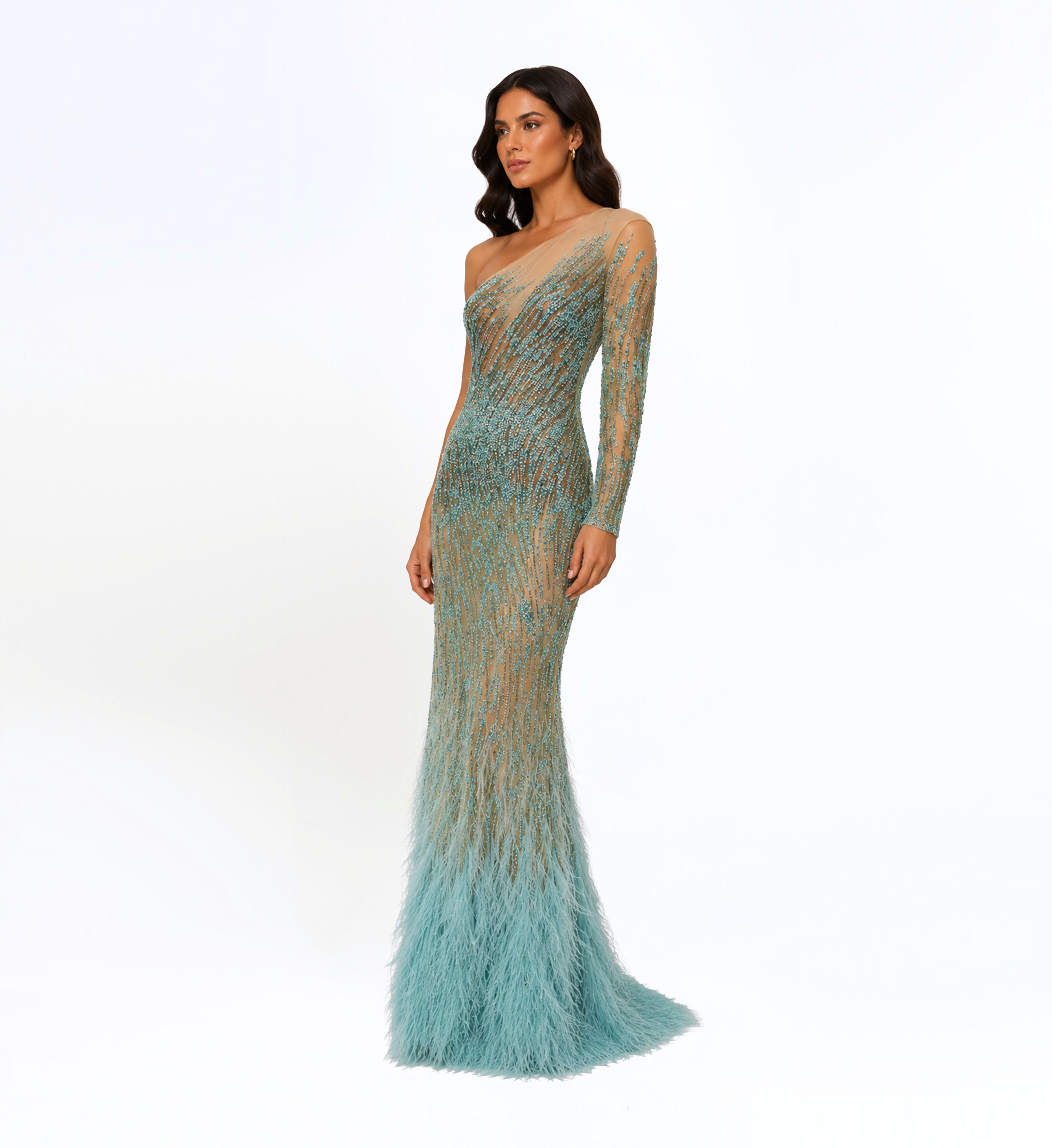 ONE SHOULDER OMBRE BEADED FEATHER GOWN