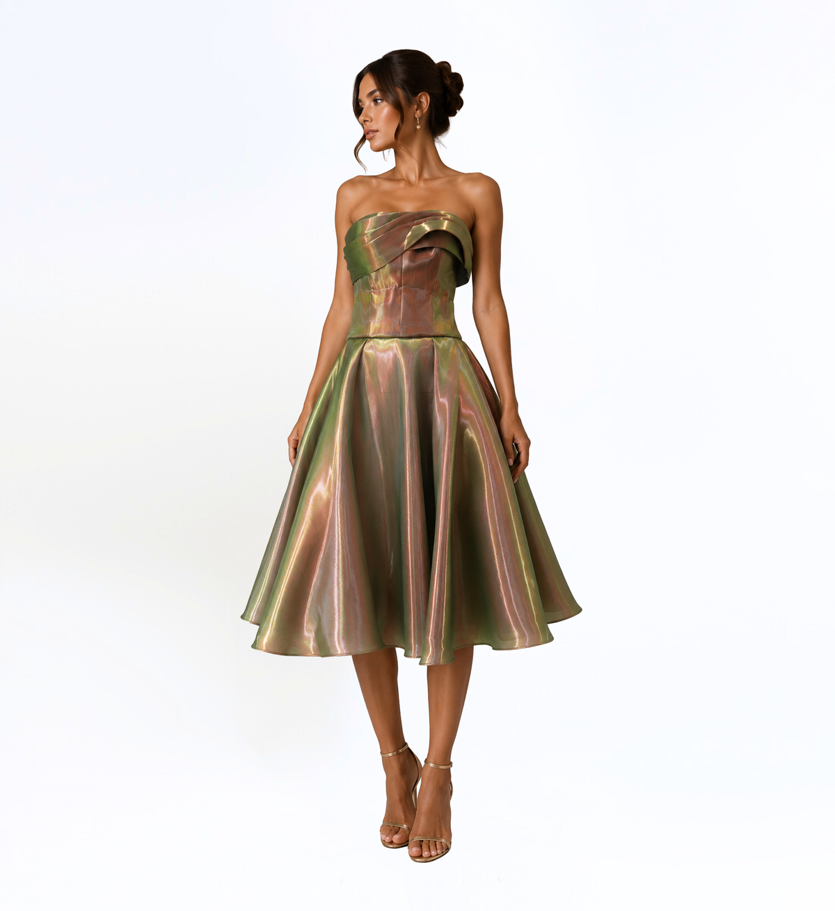 IRIDESCENT STRAPLESS MIDI DRESS