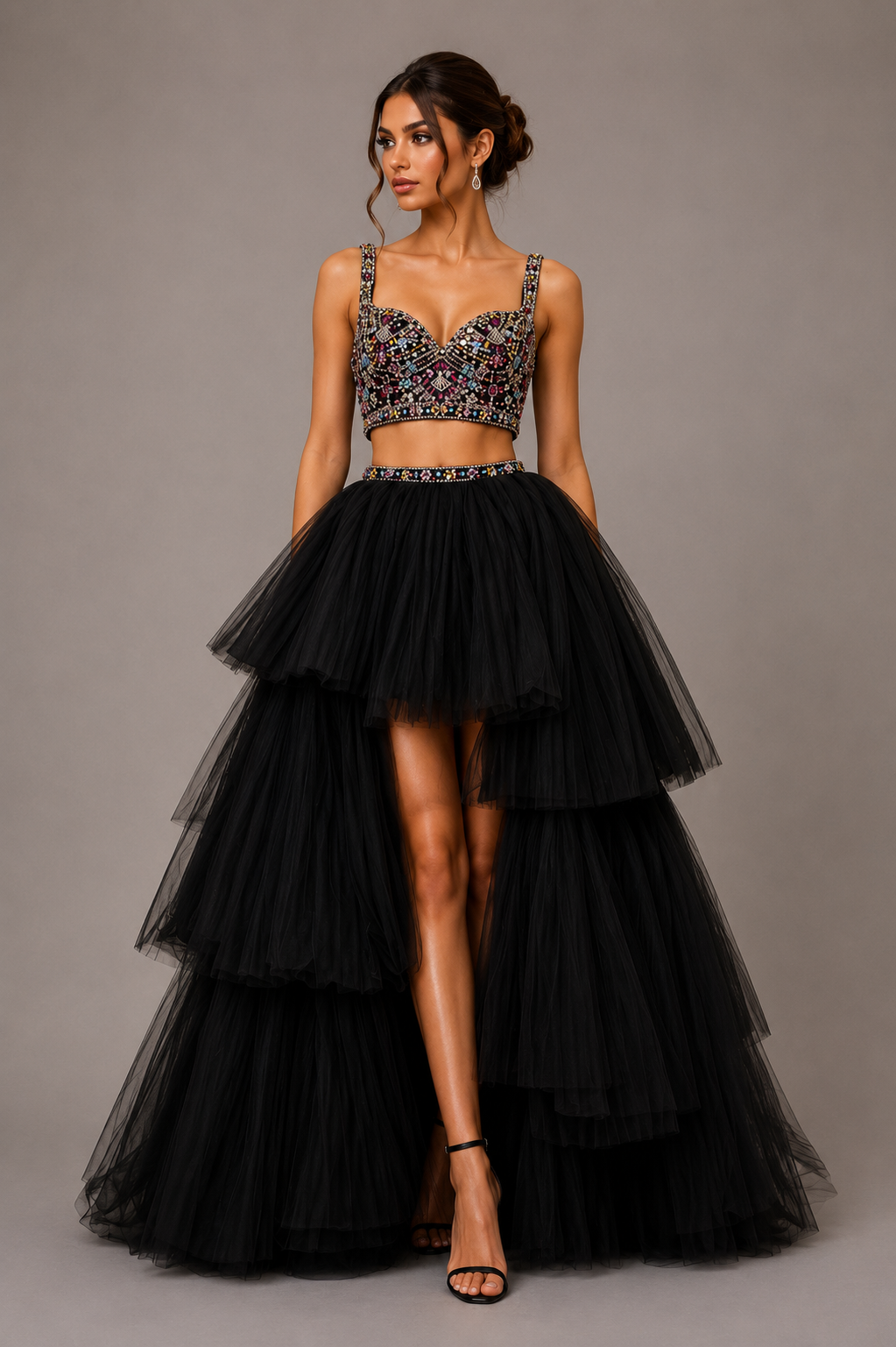 BLACK MULTICOLOR EMBELLISHED TULLE SKIRT SET