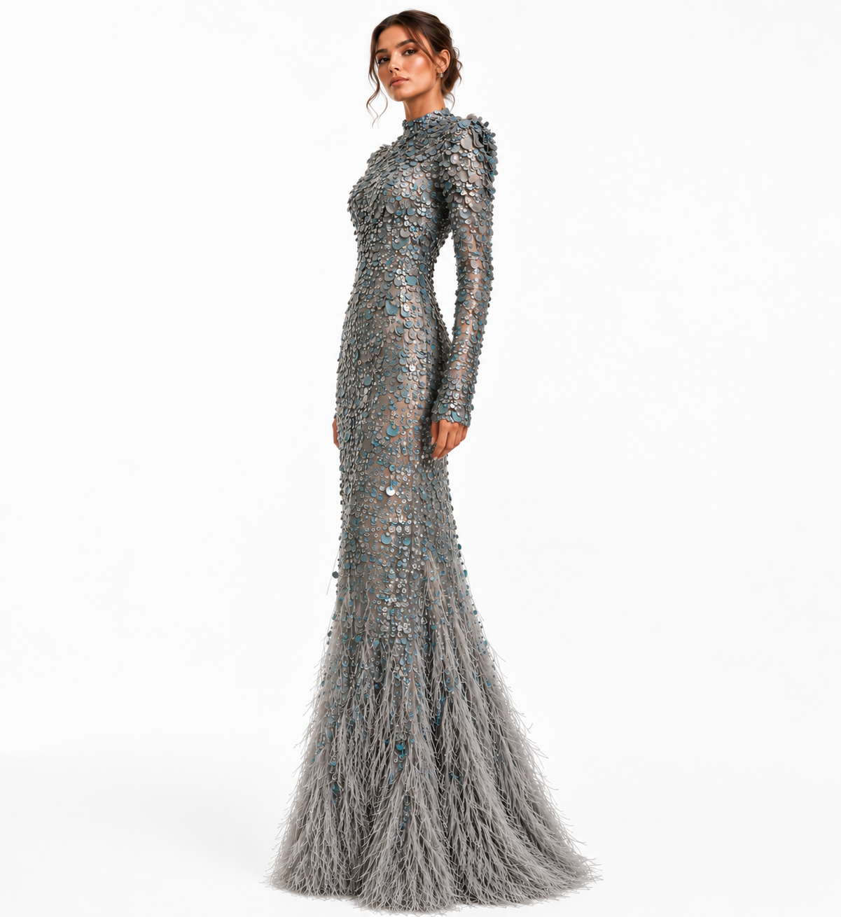 SILVER BLUE EMBELLISHED FEATHER GOWN