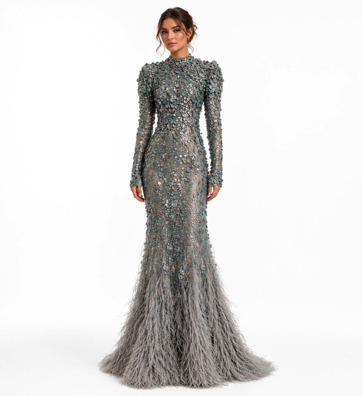 SILVER BLUE EMBELLISHED FEATHER GOWN