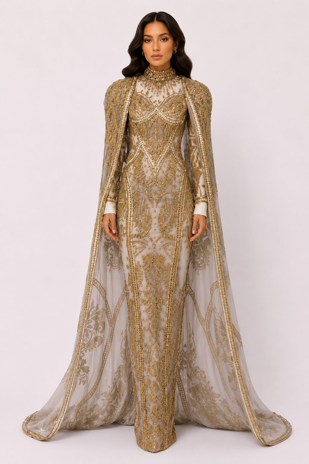 EMBELLISHED CAPE GOWN