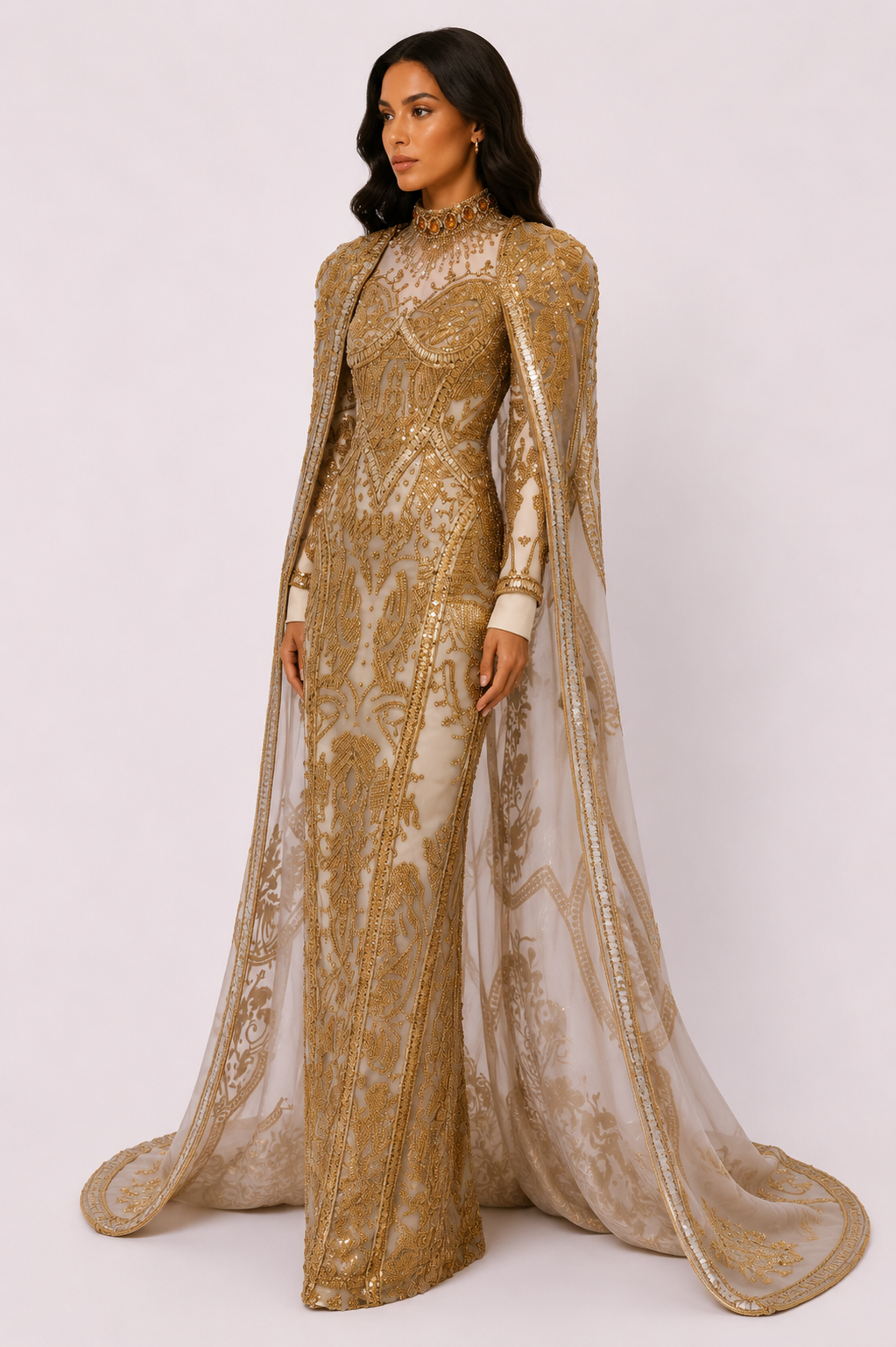 EMBELLISHED CAPE GOWN