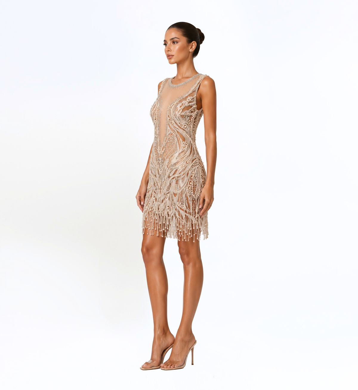 PEARL EMBELLISHED FRINGE MINI DRESS