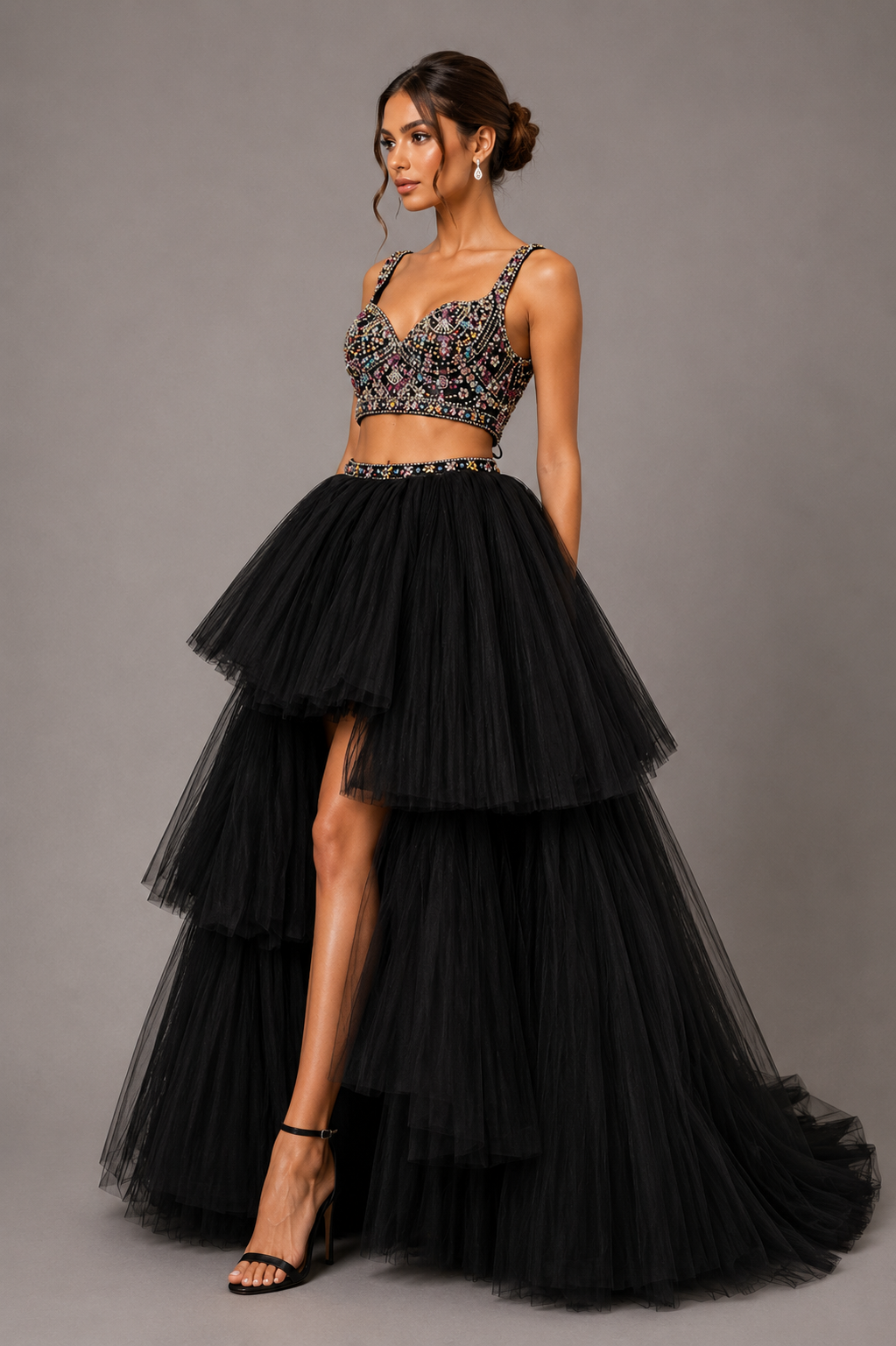 BLACK MULTICOLOR EMBELLISHED TULLE SKIRT SET