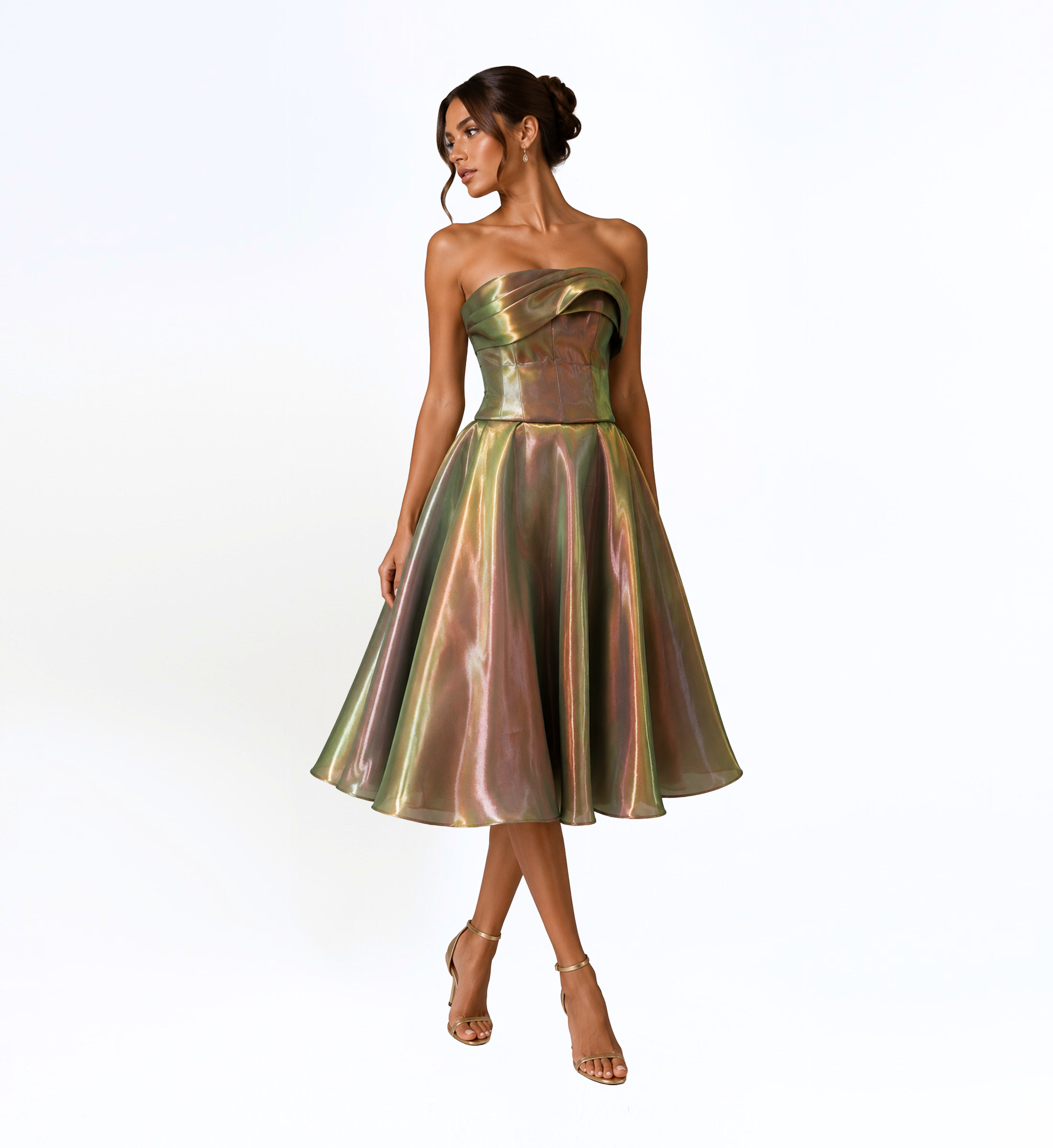 IRIDESCENT STRAPLESS MIDI DRESS